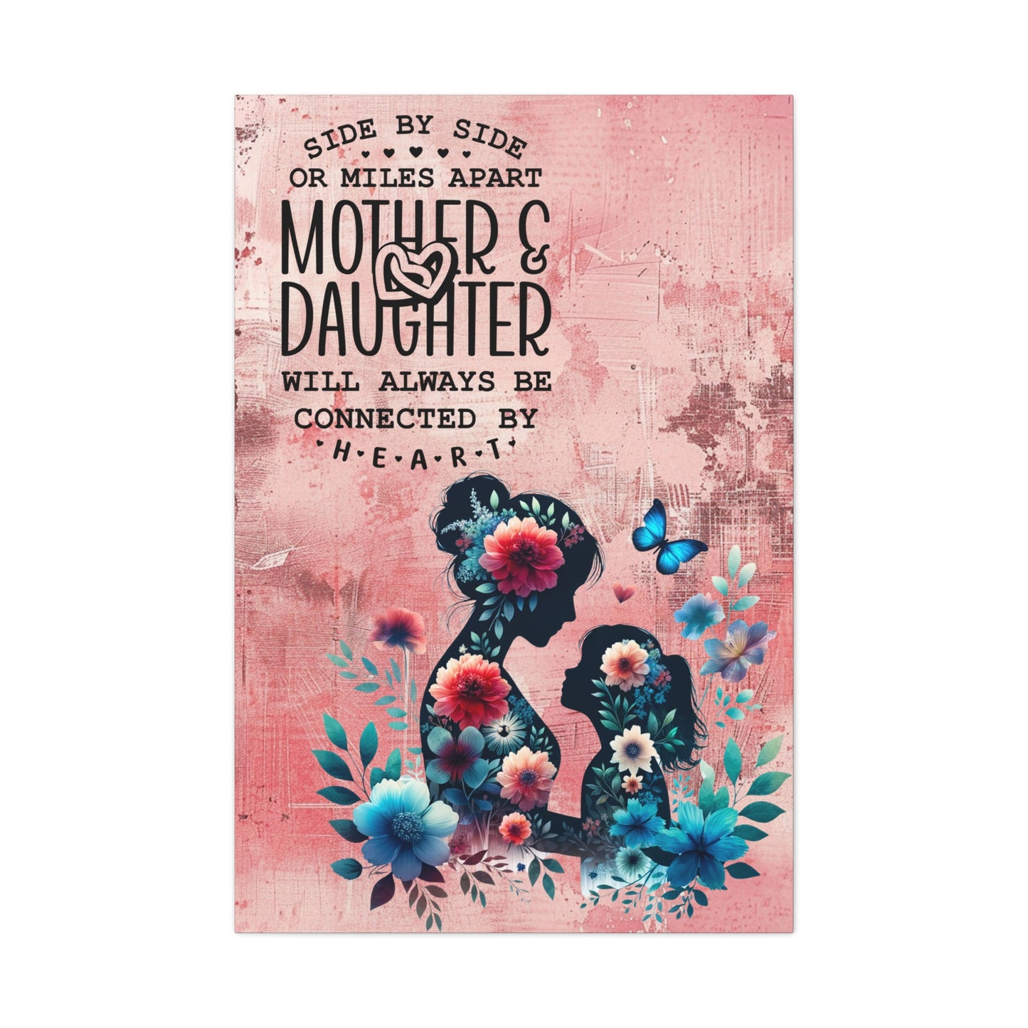Mother-Daughter Love With Floral And Butterfly Canvas Wall Art Print