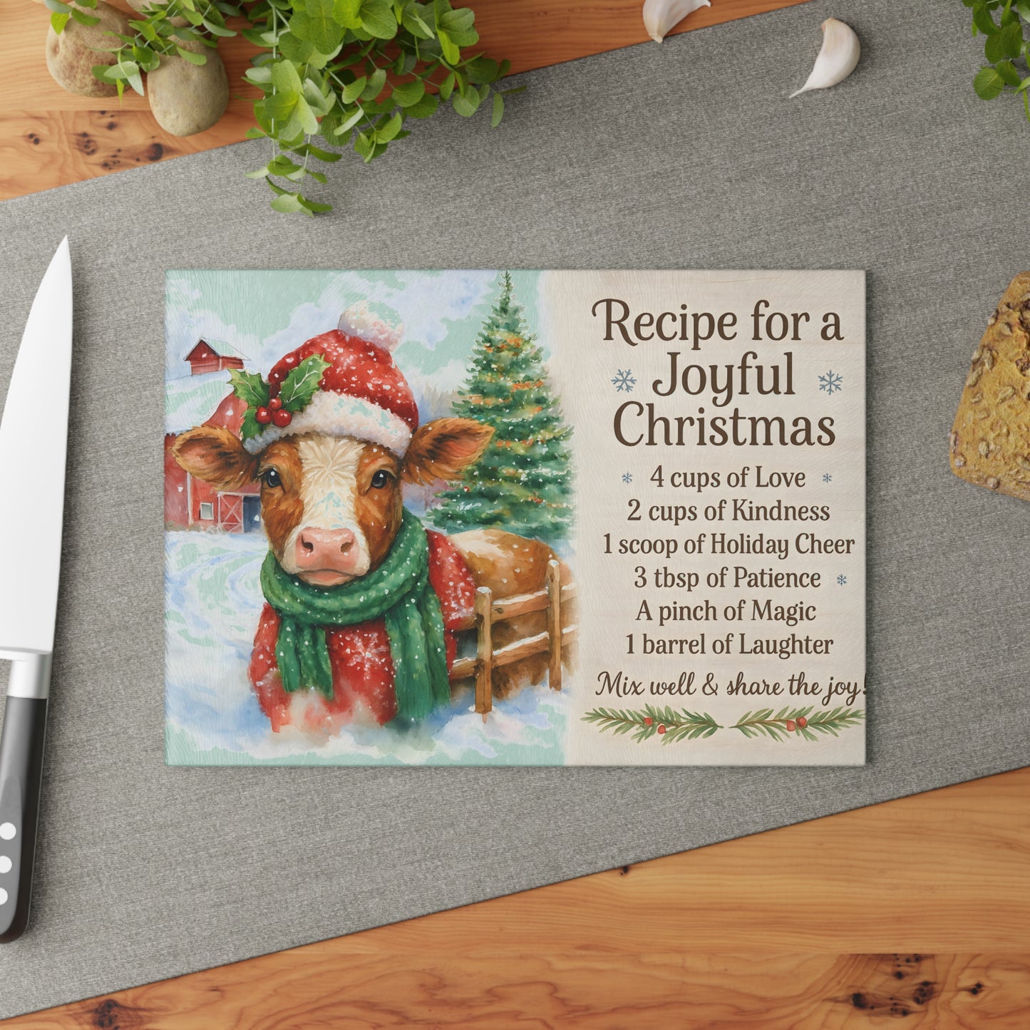 Holiday Recipe Glass Cutting Board - Joyful Christmas Design