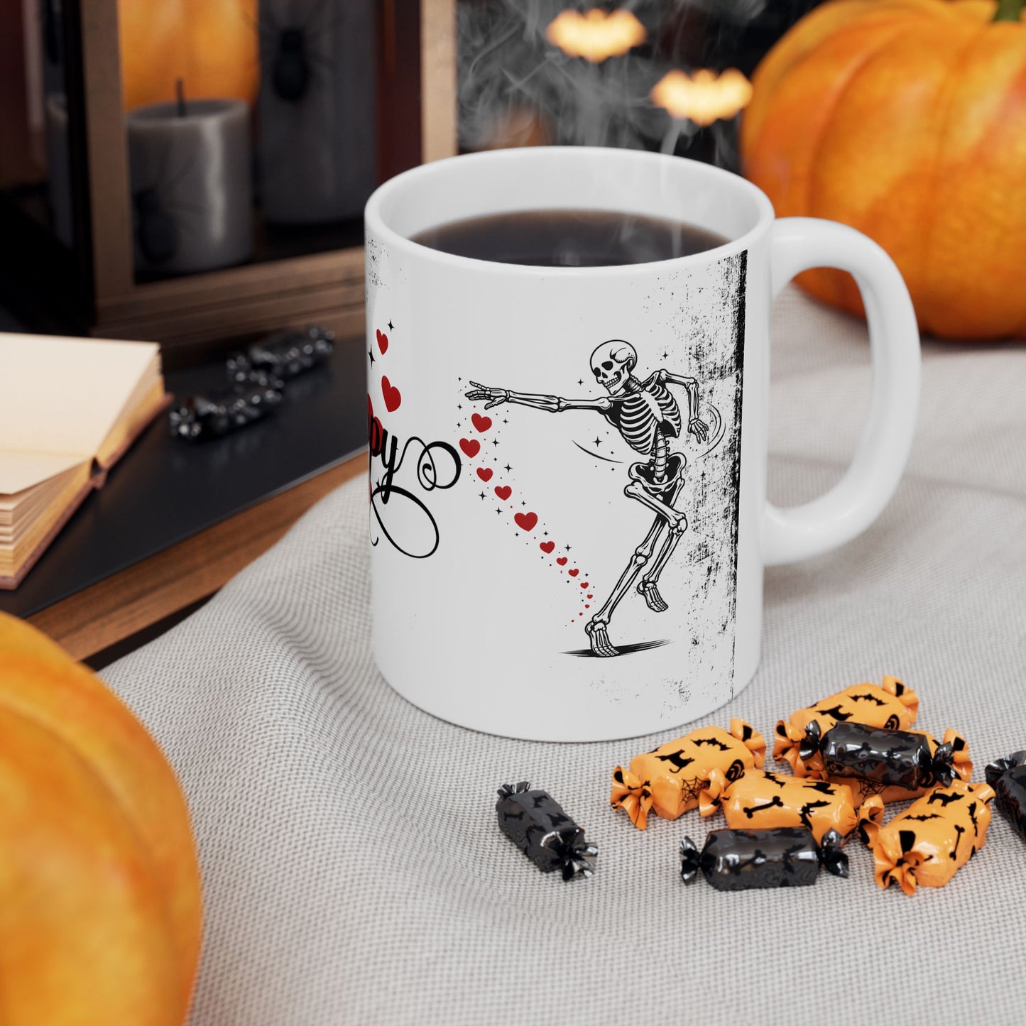 Mug — “So Happy Together” Romantic Skeleton Ceramic Coffee Mug with Hearts (11oz & 15oz)