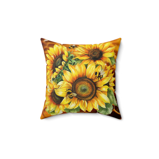 Decorative Spun Polyester Square Pillow, Honeybees and Sunflowers Accent for Any Room, Honeybees and Sunflower Lovers Home or Office Decor