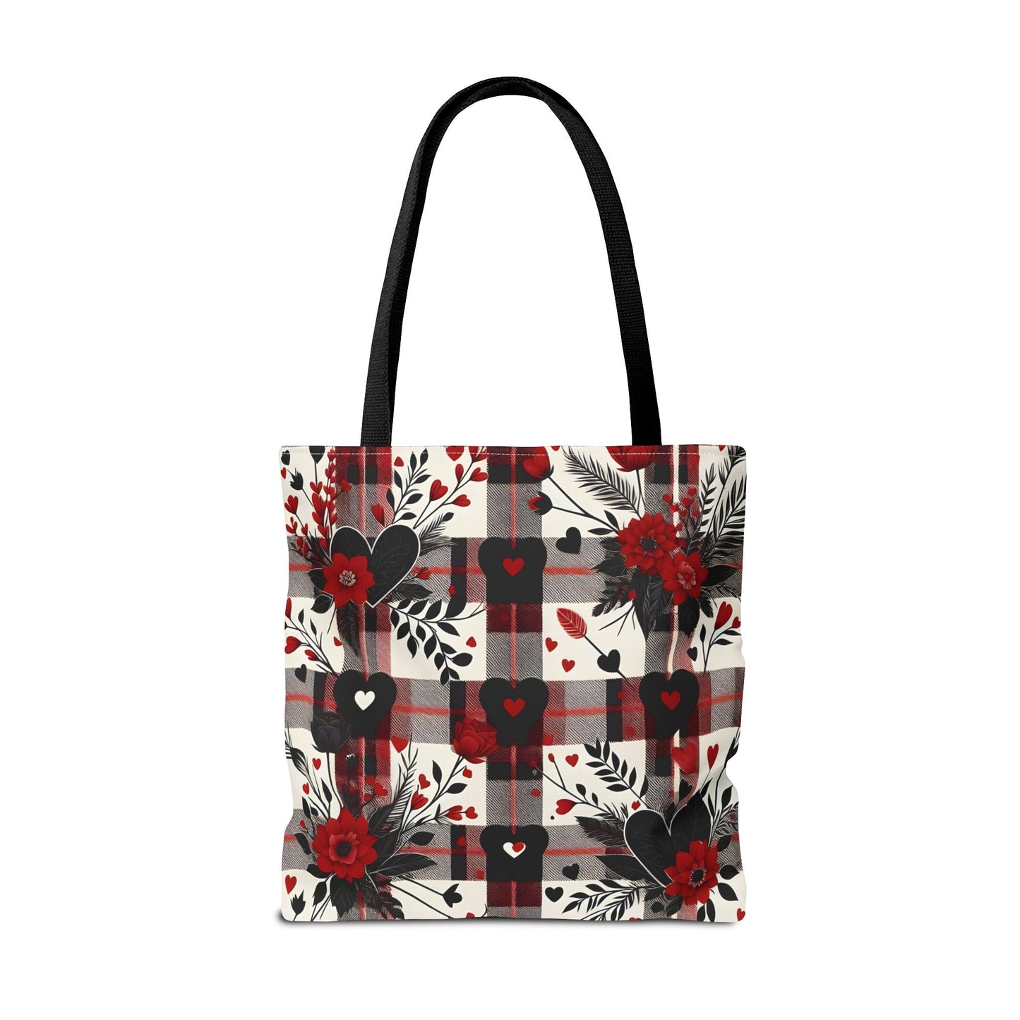 Fashionable Valentine Tote Bag (AOP) with Flowers and Hearts Plaid Design Pattern