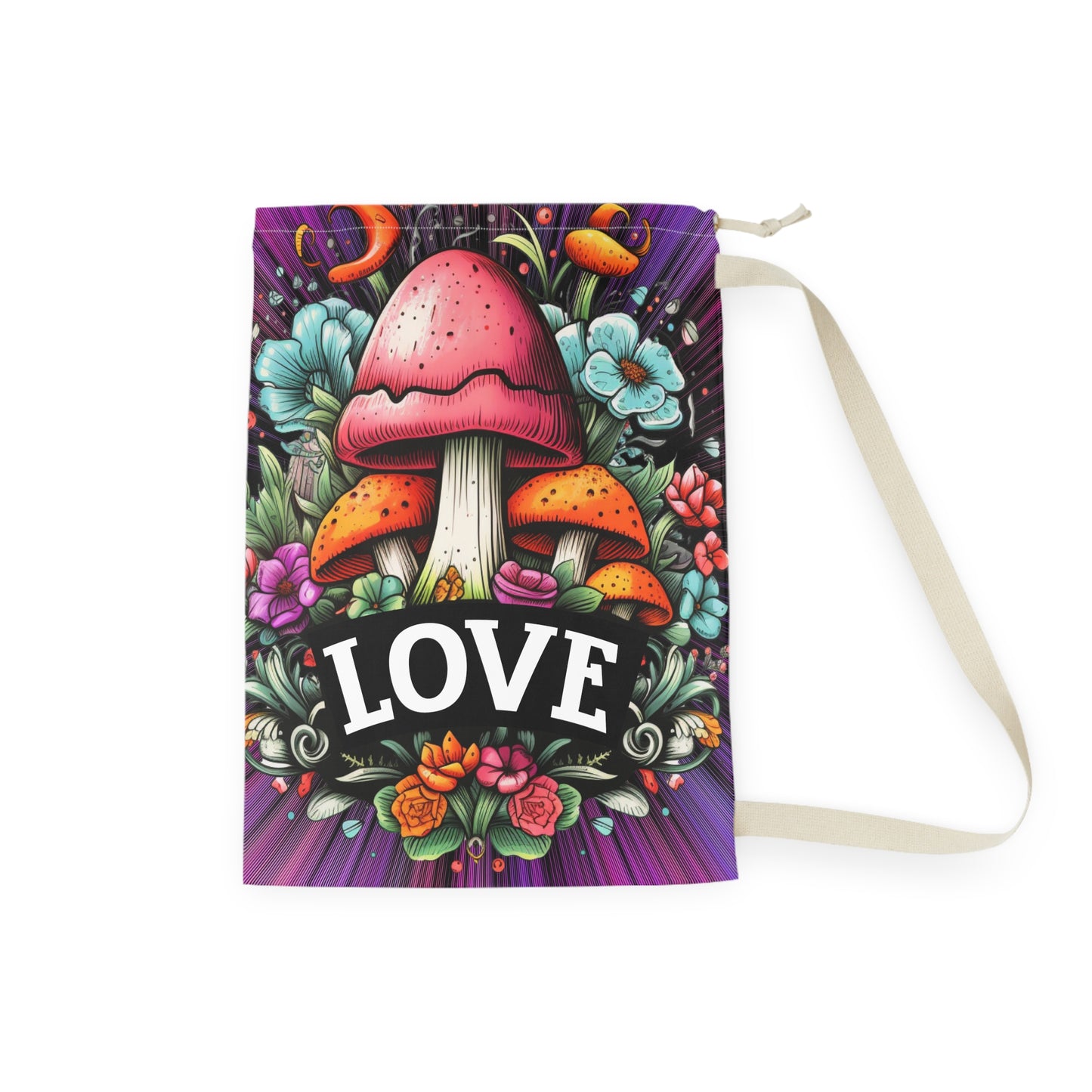 Mushroom 'LOVE' Laundry Bag - Floral Boho Wash Tote