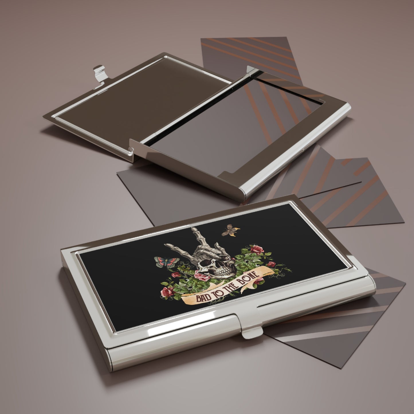 Bad to the Bone Skull Business Card Holder — Gothic Floral Metal Card Case