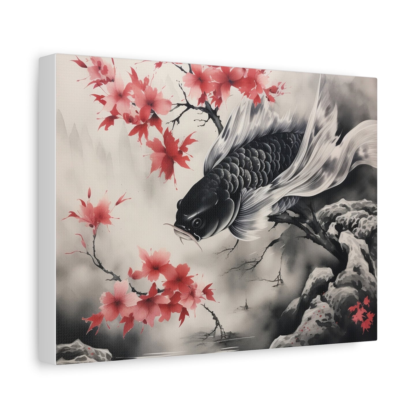 Koi Fish Artwork Canvas Wall Art Print - Elegant Decorative Wall Art with Cherry Blossoms