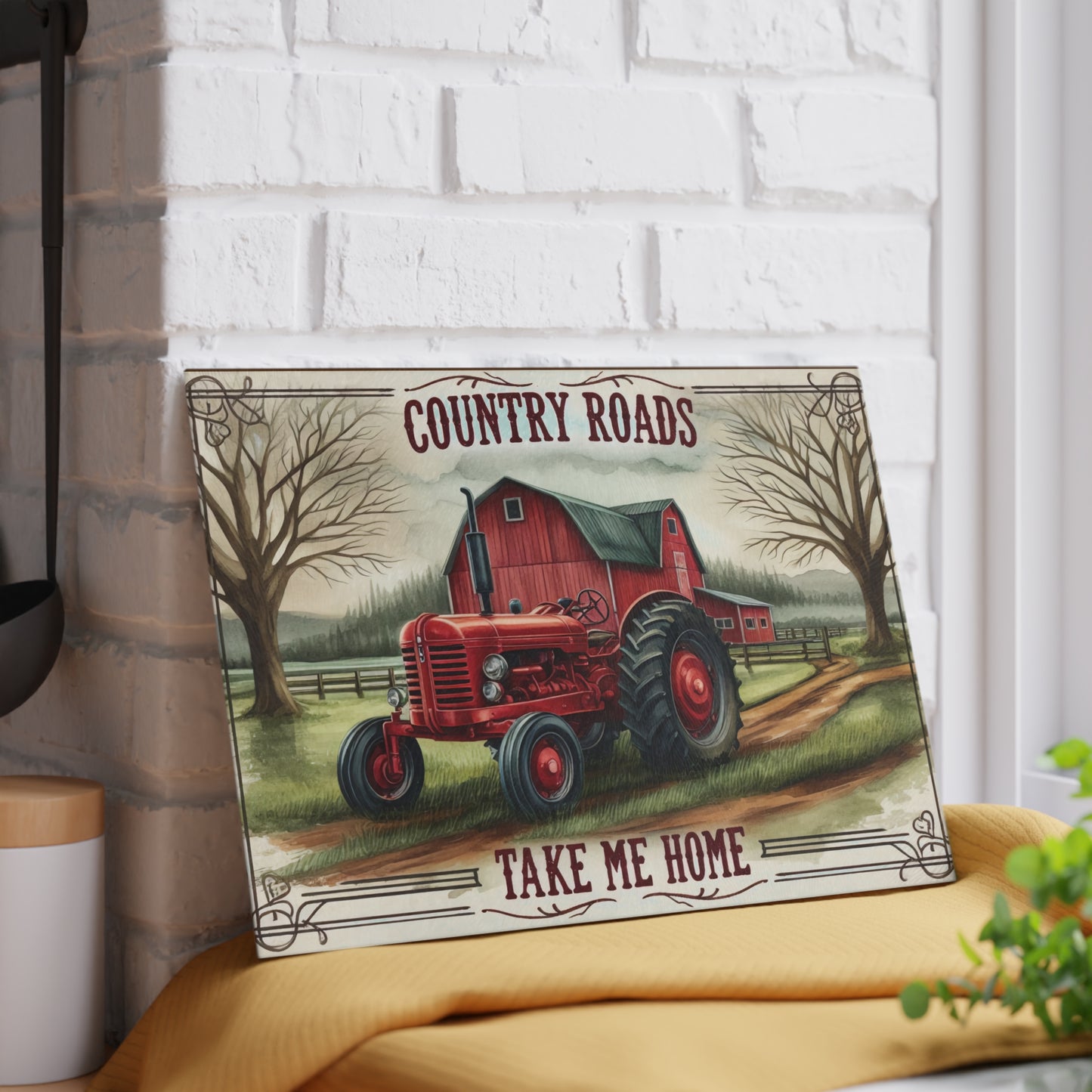 Rustic Farmhouse Glass Cutting Board with "Country Roads Take Me Home" Design