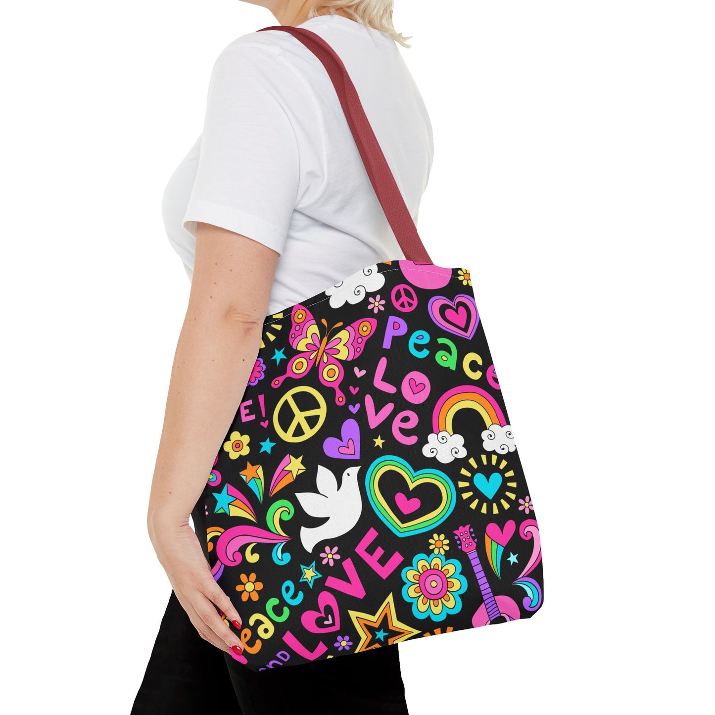Fashionable Tote Bag (AOP), Stylish, Peace Lovers, Hippie Theme, Great Gift Idea for Birthdays, Holidays or Any Occasion for Anyone