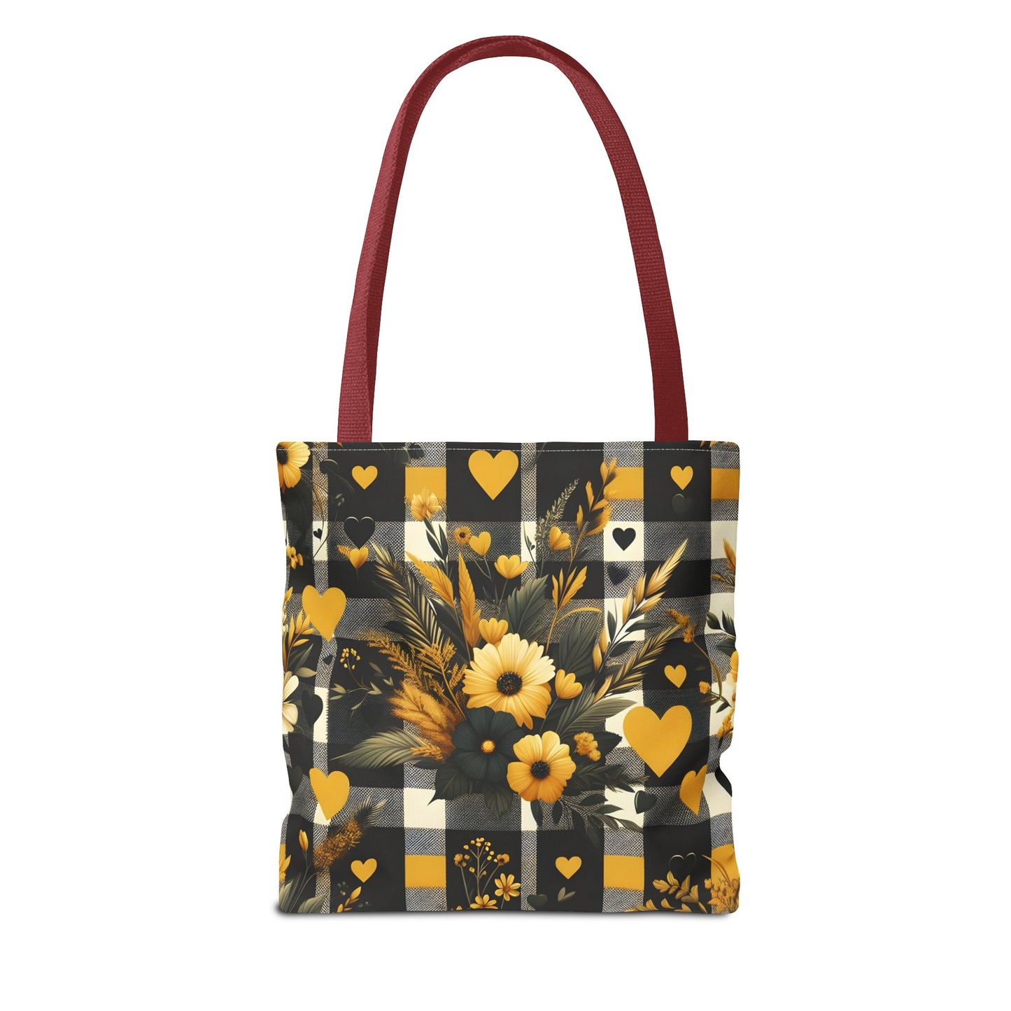 Stylish Yellow and Black Plaid Pattern with Floral and Hearts Tote Bag(AOP)