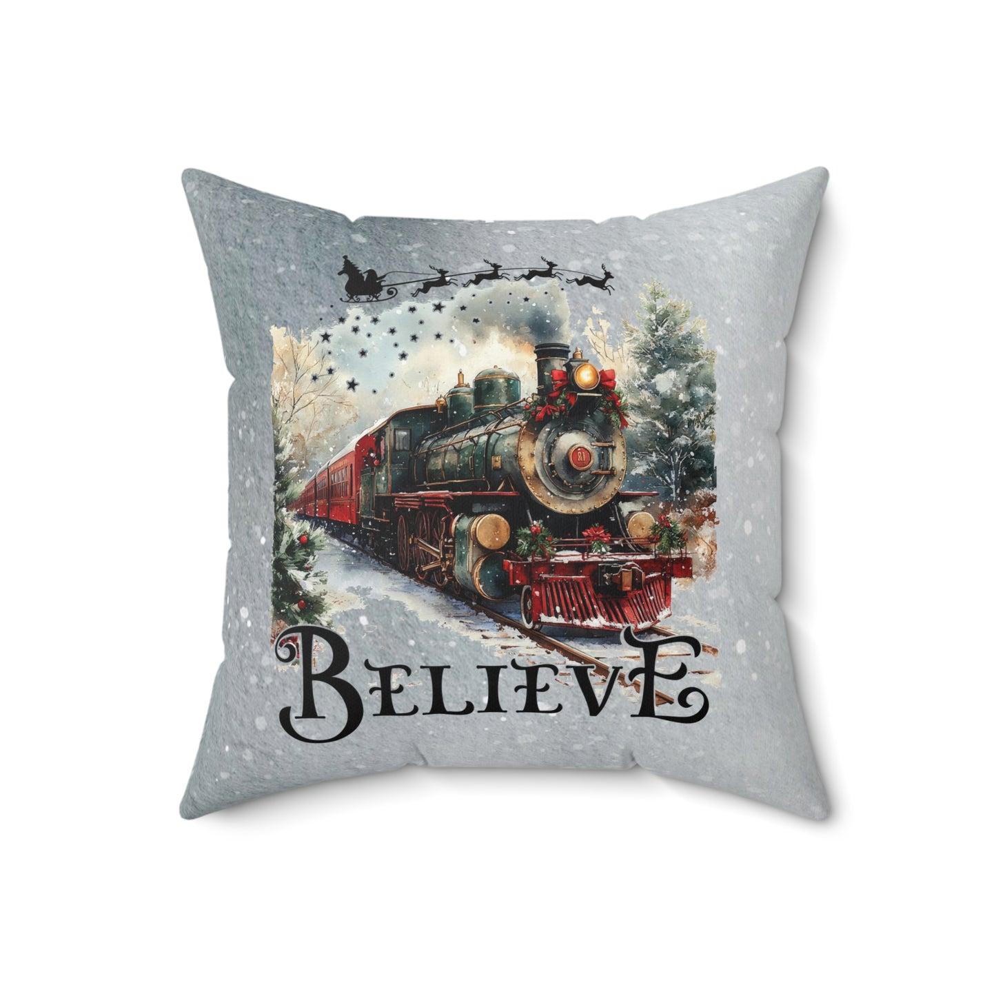 Christmas Train Decor Pillow - 'Believe' Spun Polyester Square Cushion Holiday Decor