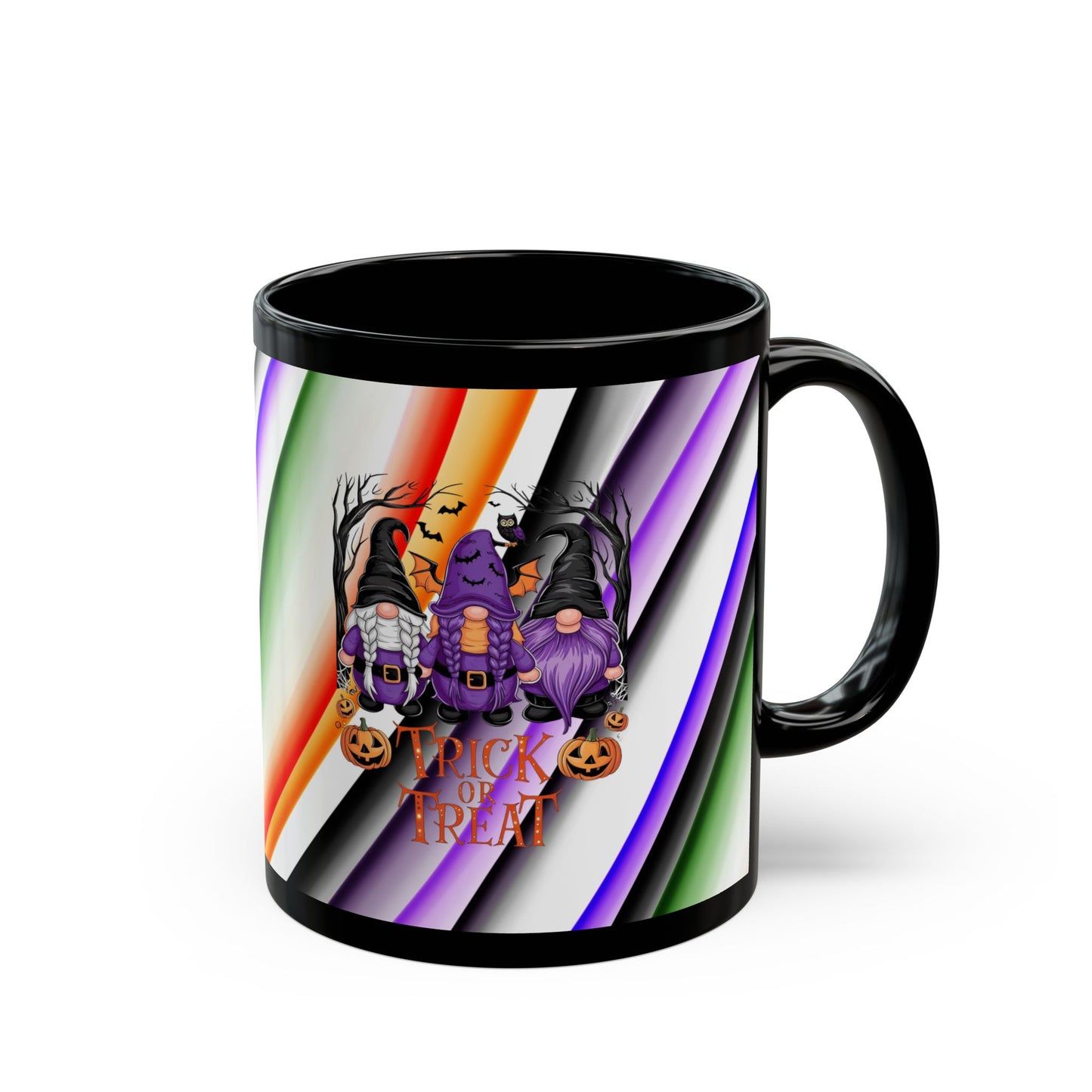 Halloween Theme Black Mug (11oz, 15oz), Cute Halloween Expression with Gnomes, Halloween Lovers, Gnome Lovers, Coffee, Tea, Hot Chocolate Lovers Gift Idea