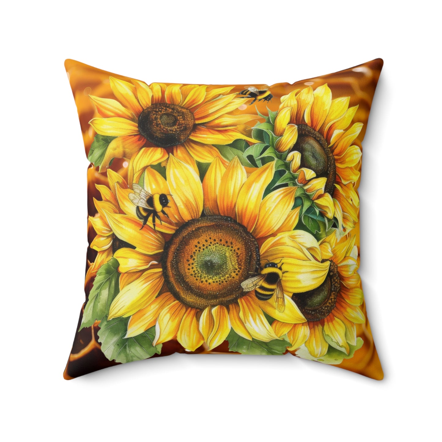 Decorative Spun Polyester Square Pillow, Honeybees and Sunflowers Accent for Any Room, Honeybees and Sunflower Lovers Home or Office Decor