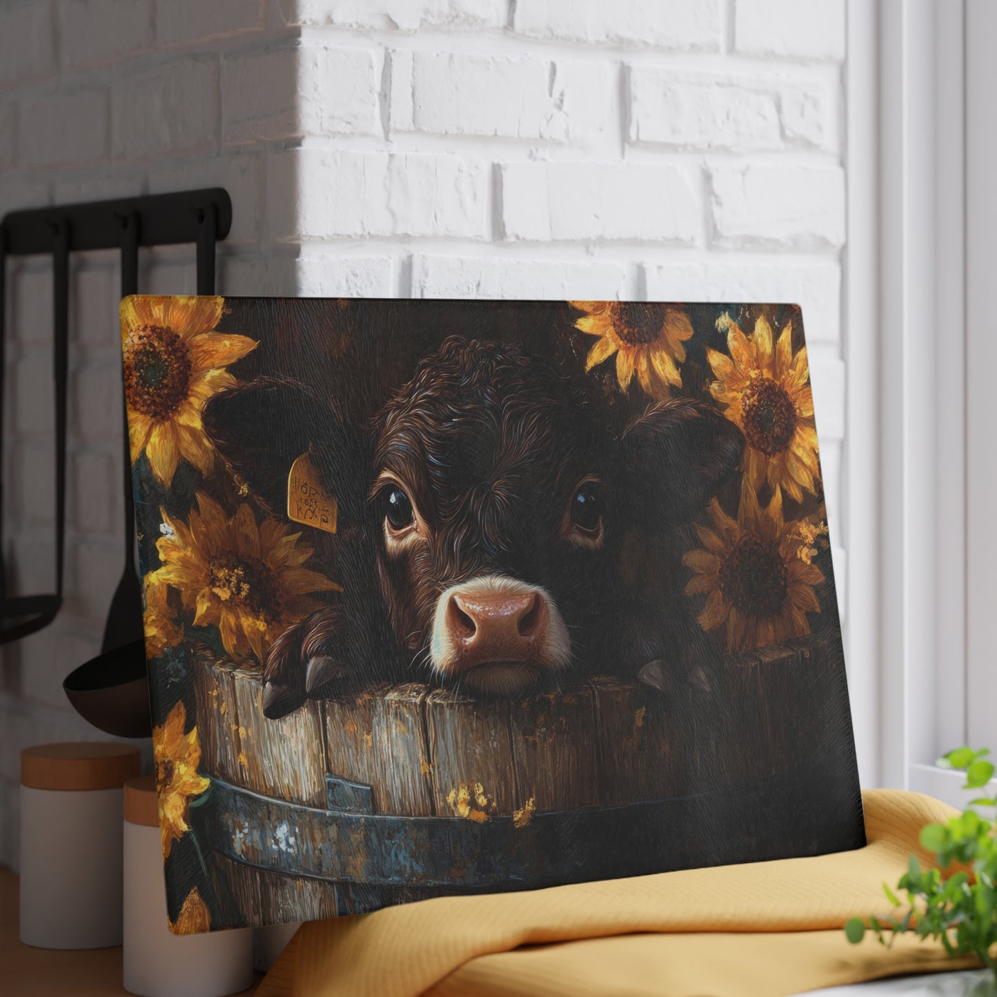 Sunflower Cow Glass Cutting Board - Farmhouse Kitchen Decor