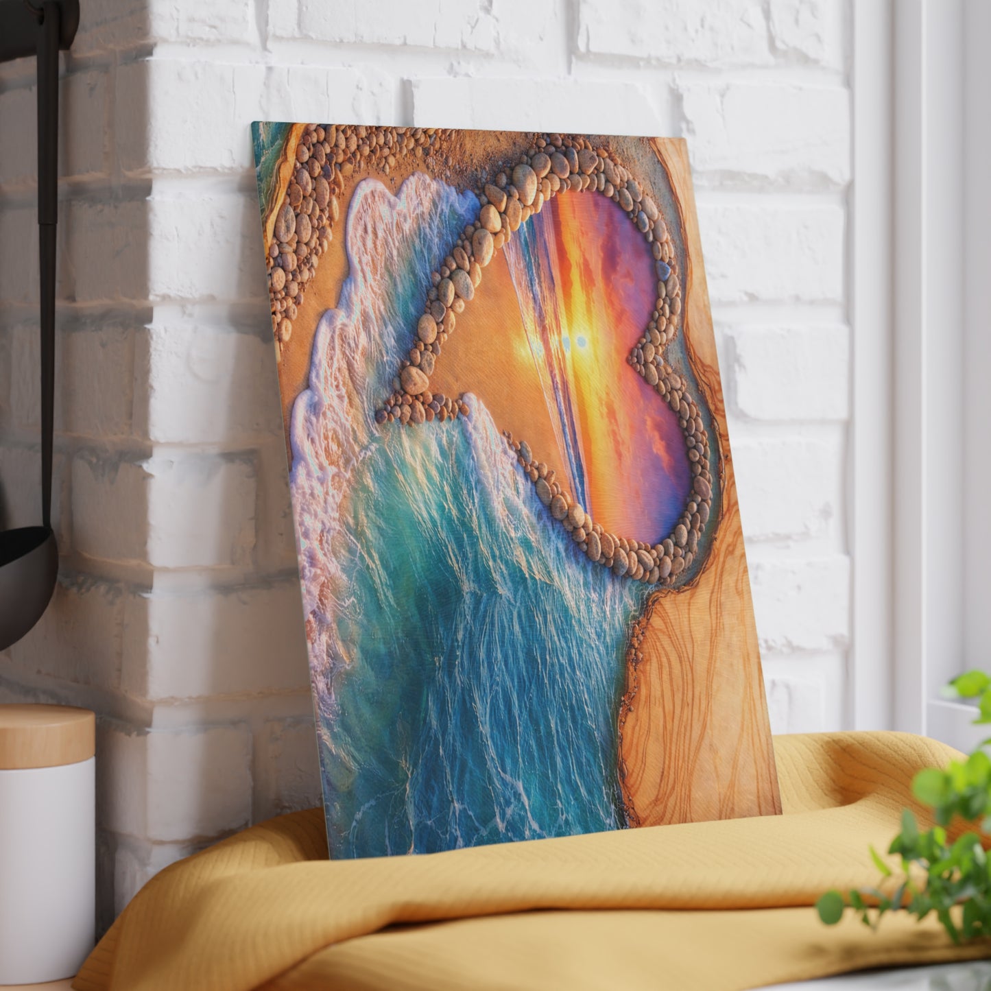 Glass Cutting Board - Heart Beach Sunset Seaside Design
