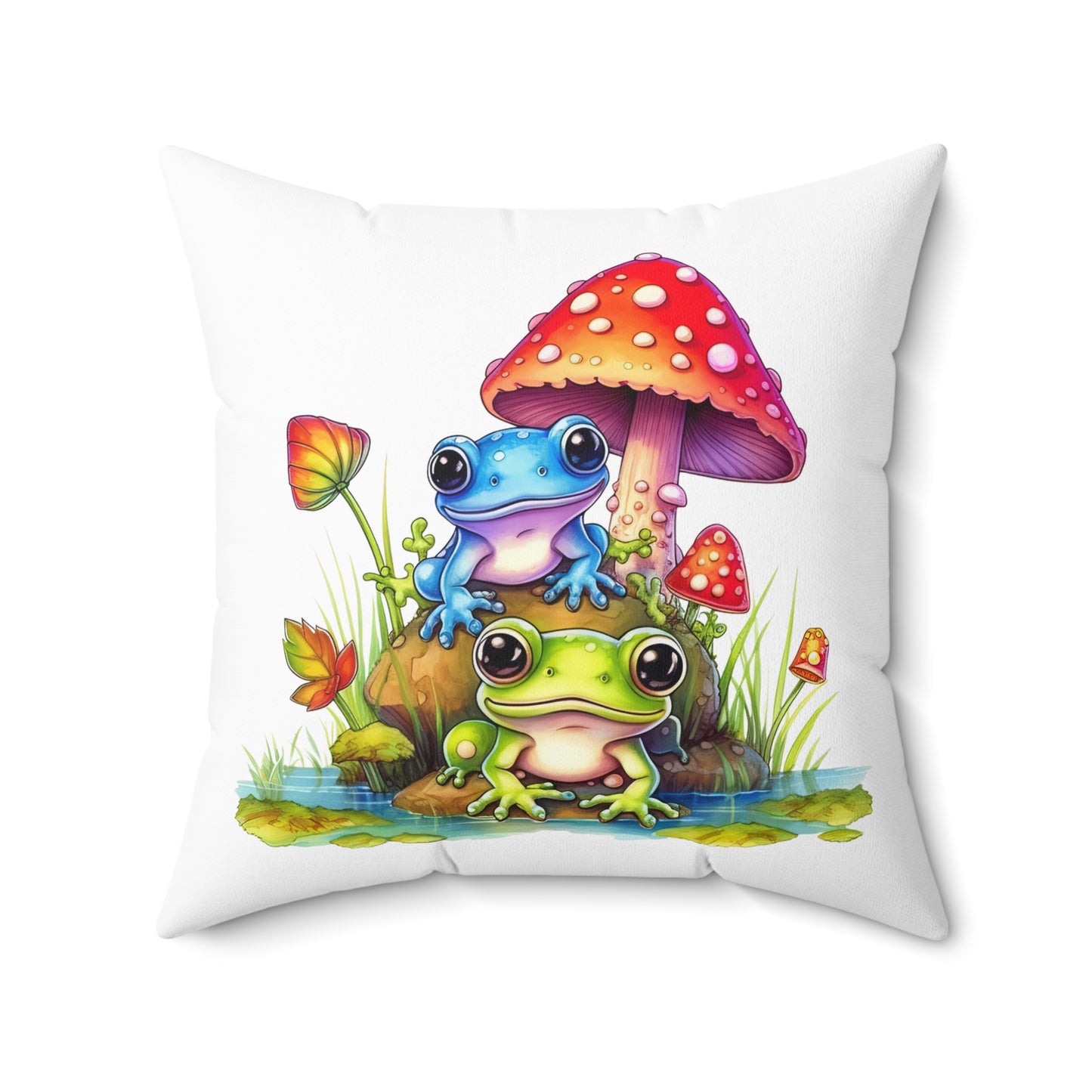 Decorative Spun Polyester Square Pillow, Stylish Mushroom with Frogs Decor for Home or Office, Gift Idea for Any Occasion for Anyone