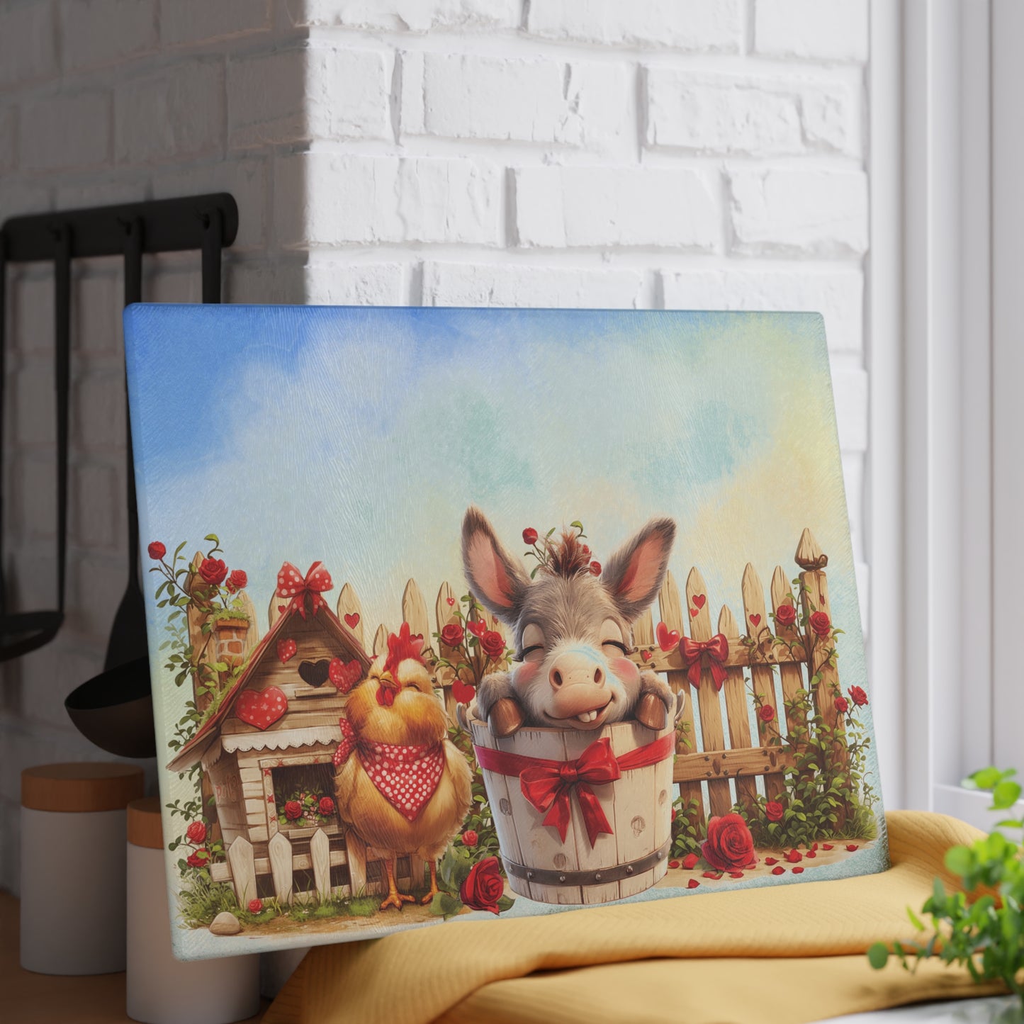 Glass Cutting Board - Cute Farm Donkey & Chicken Kitchen Decor, Heart Garland Rustic Countryside