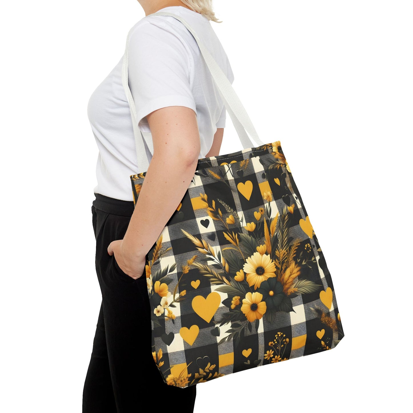 Stylish Yellow and Black Plaid Pattern with Floral and Hearts Tote Bag(AOP)