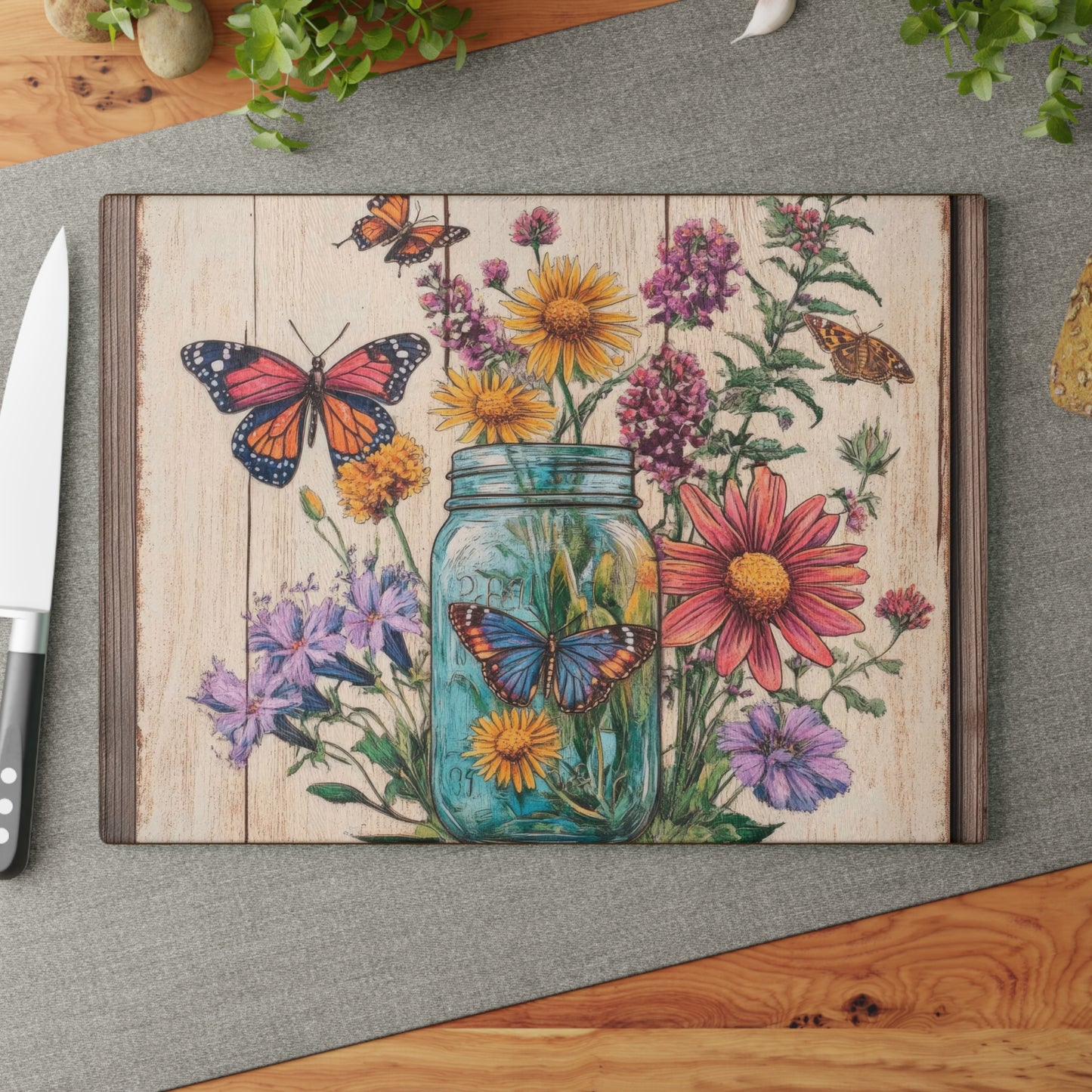 Floral Butterfly Glass Cutting Board - Rustic Kitchen Decor
