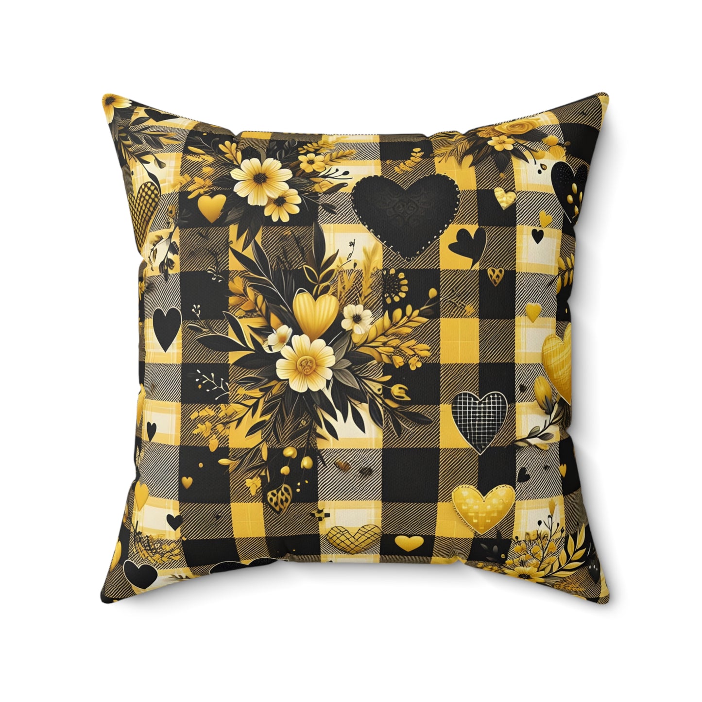 Decorative Spun Polyester Square Pillow with Floral and Hearts Plaid Pattern