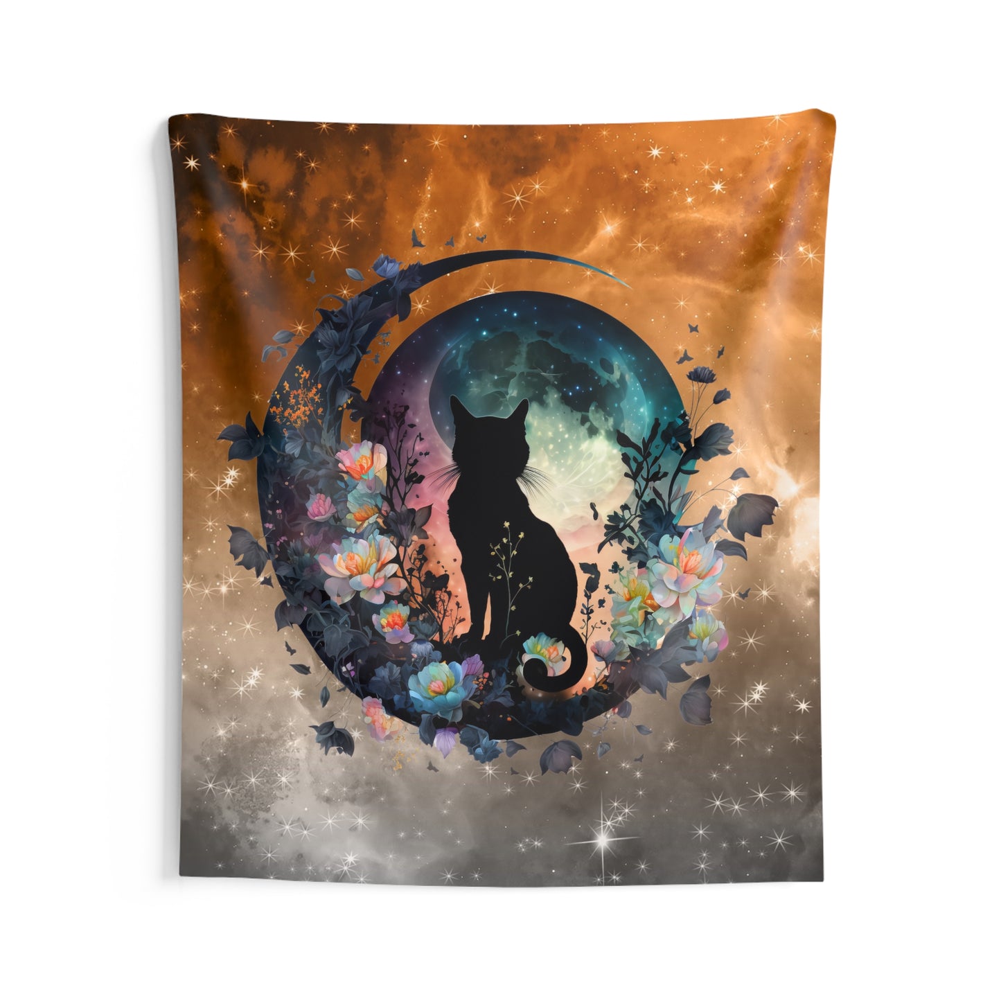 Mystical Cat Indoor Wall Tapestry, Bohemian Home Decor, Cat Lovers Gift, Space Art, Floral Wall Hanging