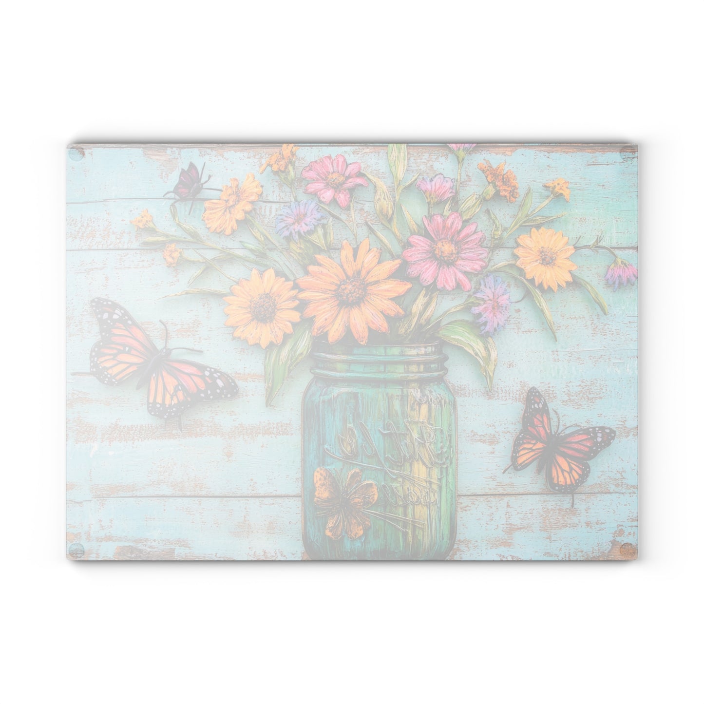 Mason Jar Floral with Butterflies Glass Cutting Board