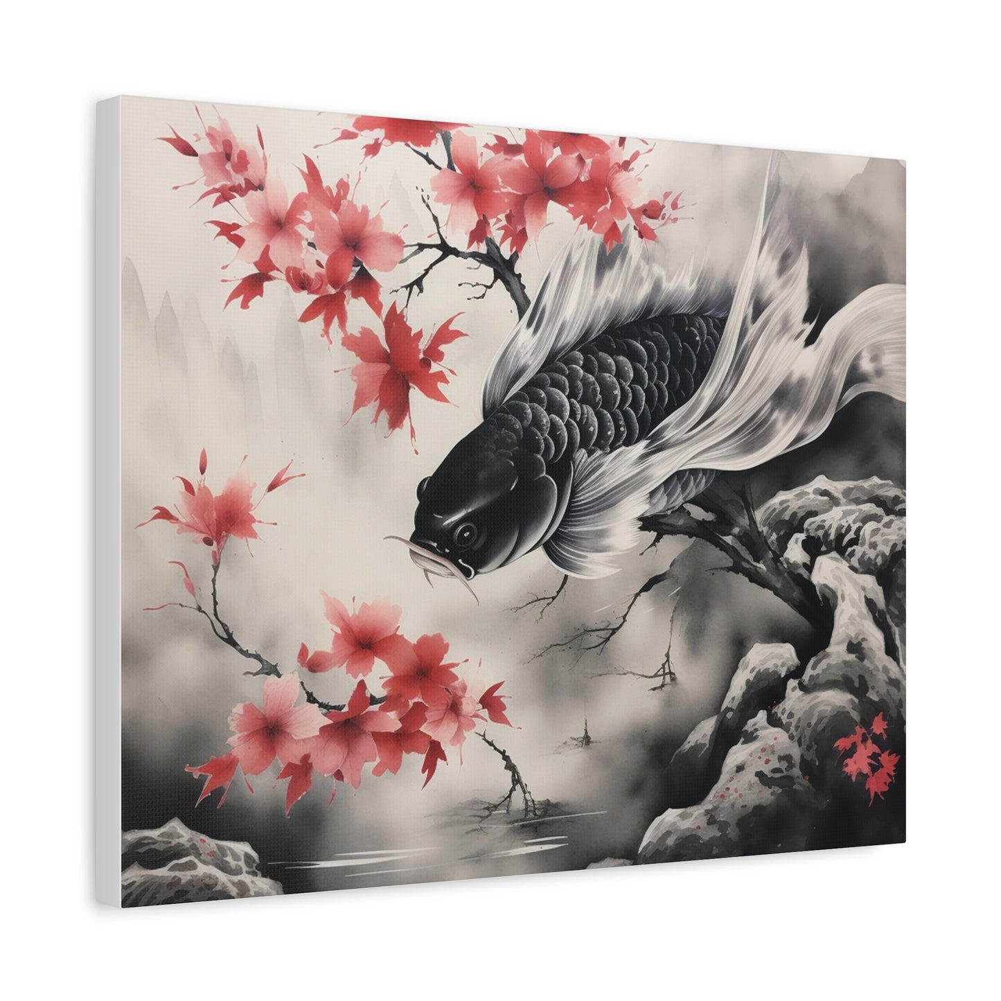 Koi Fish Artwork Canvas Wall Art Print - Elegant Decorative Wall Art with Cherry Blossoms
