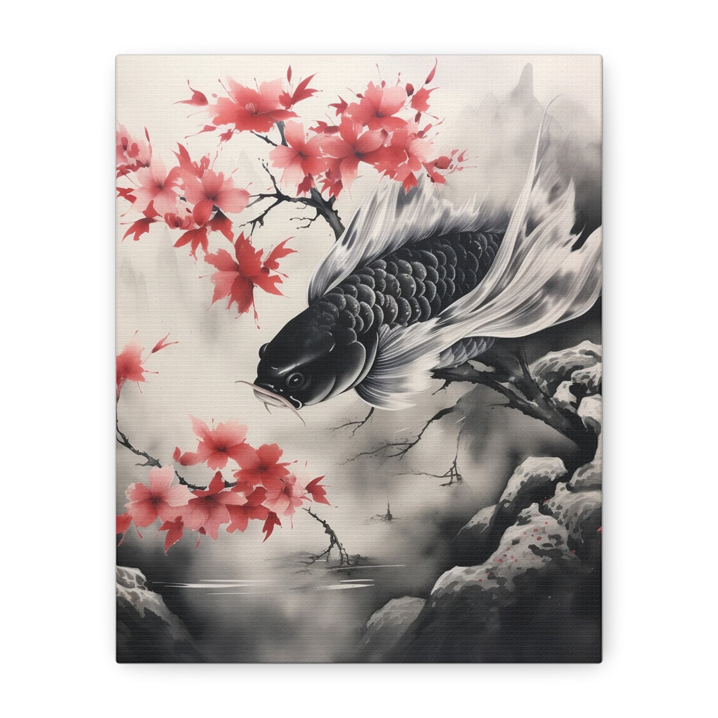 Koi Fish Artwork Canvas Wall Art Print - Elegant Decorative Wall Art with Cherry Blossoms