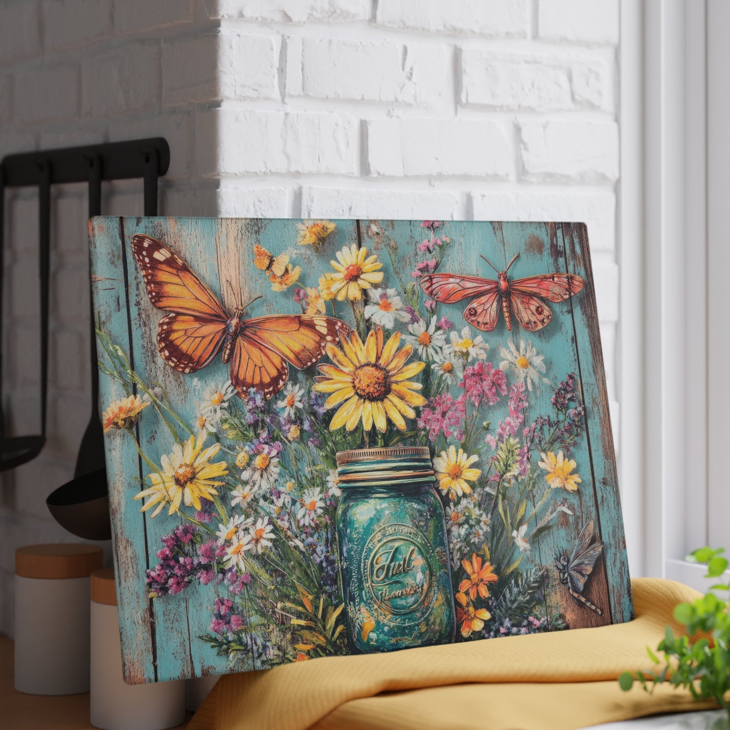 Botanical Beauty Glass Cutting Board with Butterflies and Flowers