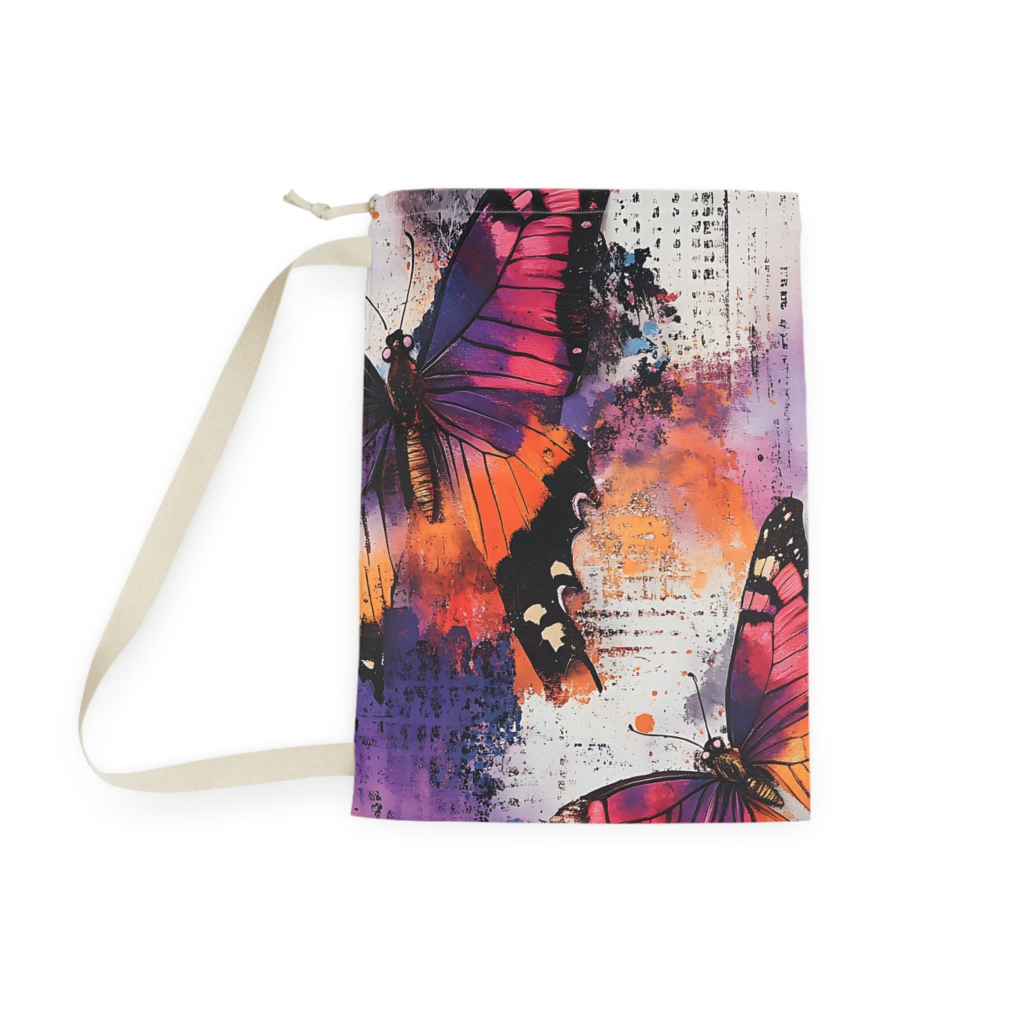Butterfly Art Laundry Bag — Colorful Watercolor Wings Drawstring Laundry Tote