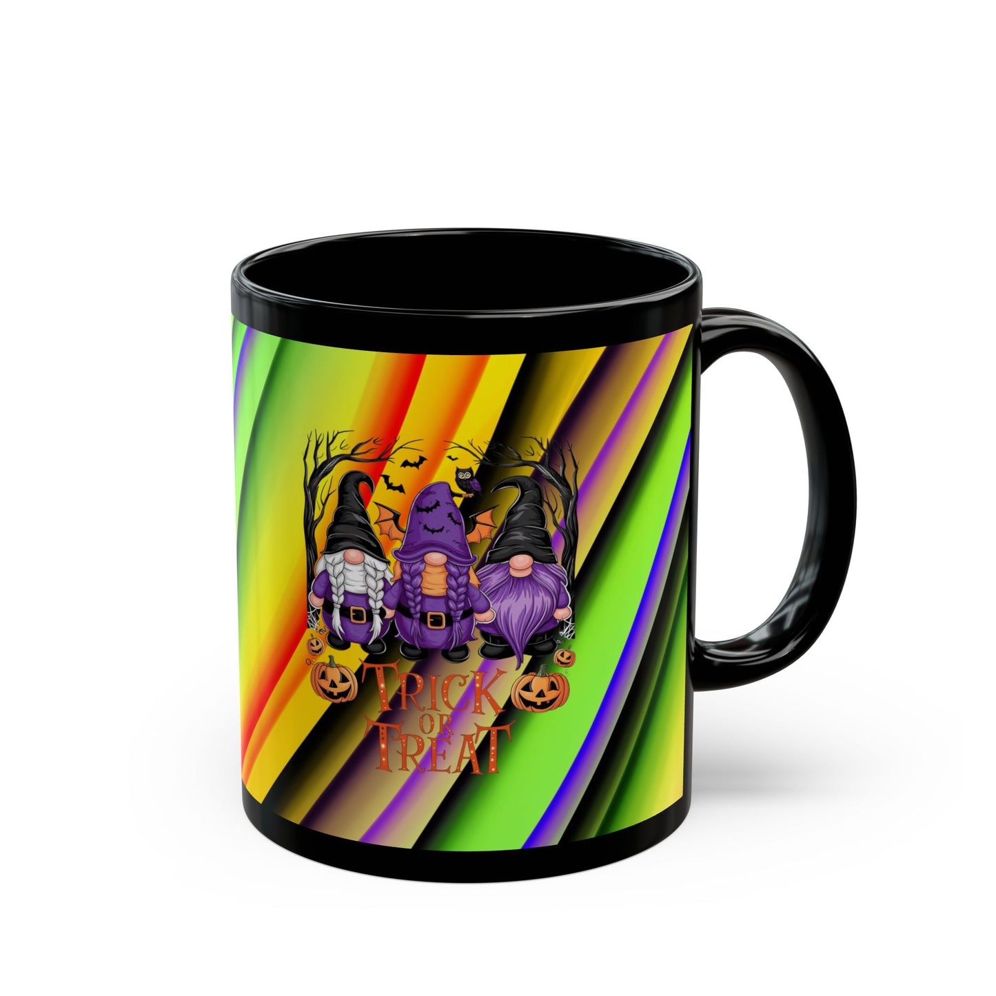 Halloween Theme Black Mug (11oz, 15oz), Cute Halloween Expression with Gnomes, Halloween Lovers, Gnome Lovers, Coffee, Tea, Hot Chocolate Lovers Gift Idea