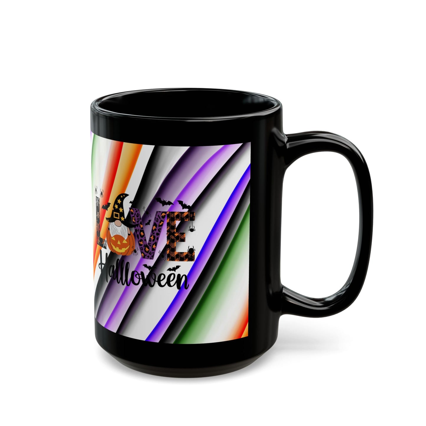 Halloween Theme with Gnome Black Mug (11oz, 15oz) Halloween Lovers, Coffee, Tea, Hot Chocolate lovers, Great Gift Idea for Any Occasion for Anyone