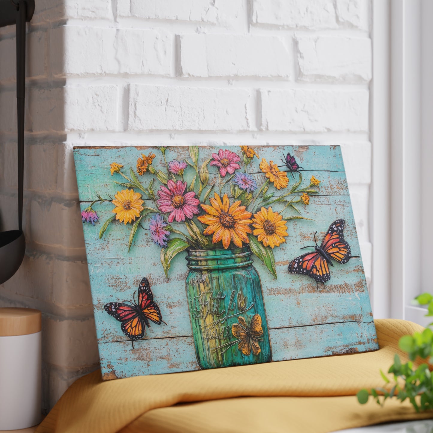 Mason Jar Floral with Butterflies Glass Cutting Board