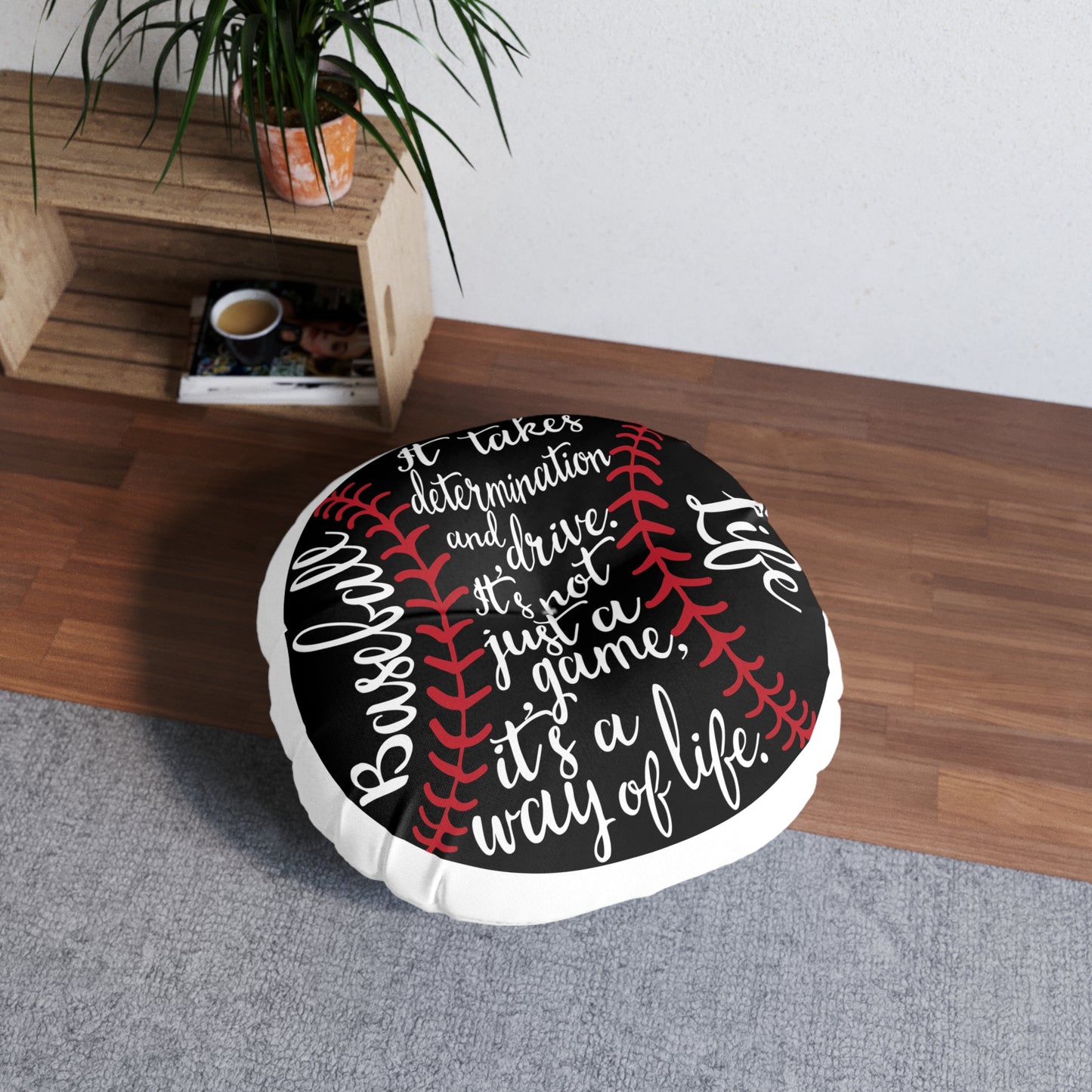 Round Tufted Floor Pillow - Baseball Theme