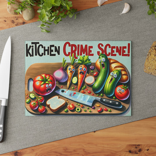 Whimsical Kitchen Crime Scene Glass Cutting Board - Fun Cooking Gift for Chefs & Foodies