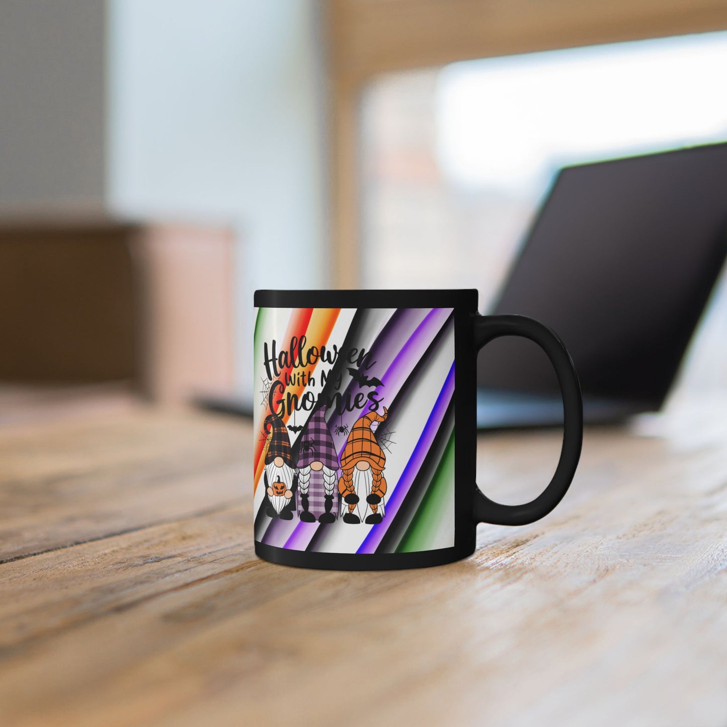 Halloween Theme Black Mug (11oz, 15oz), Cute Halloween Expression, Halloween Lovers, Gnome Lovers, Coffee, Tea, Hot Chocolate Lovers Gift Idea