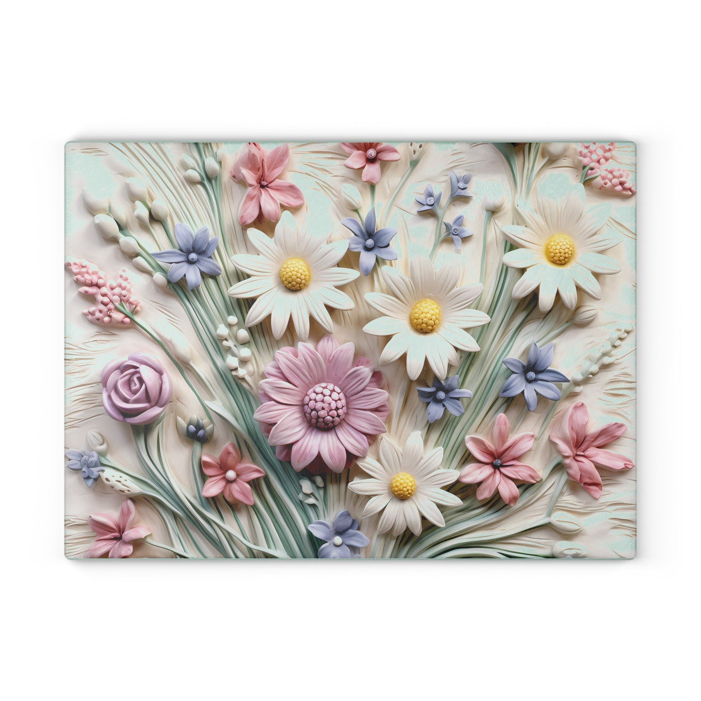 Floral Glass Cutting Board with Embossed Flower Design