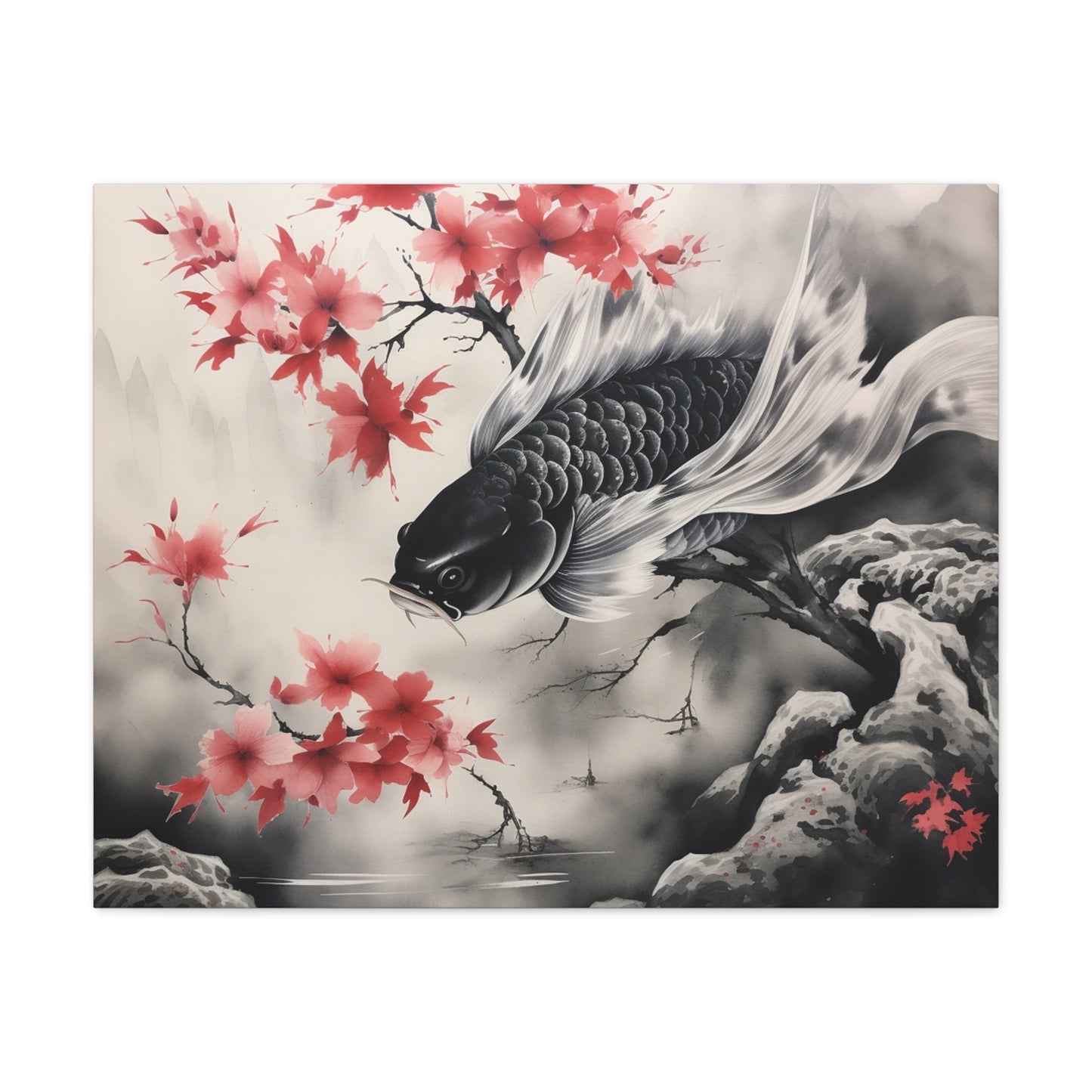 Koi Fish Artwork Canvas Wall Art Print - Elegant Decorative Wall Art with Cherry Blossoms