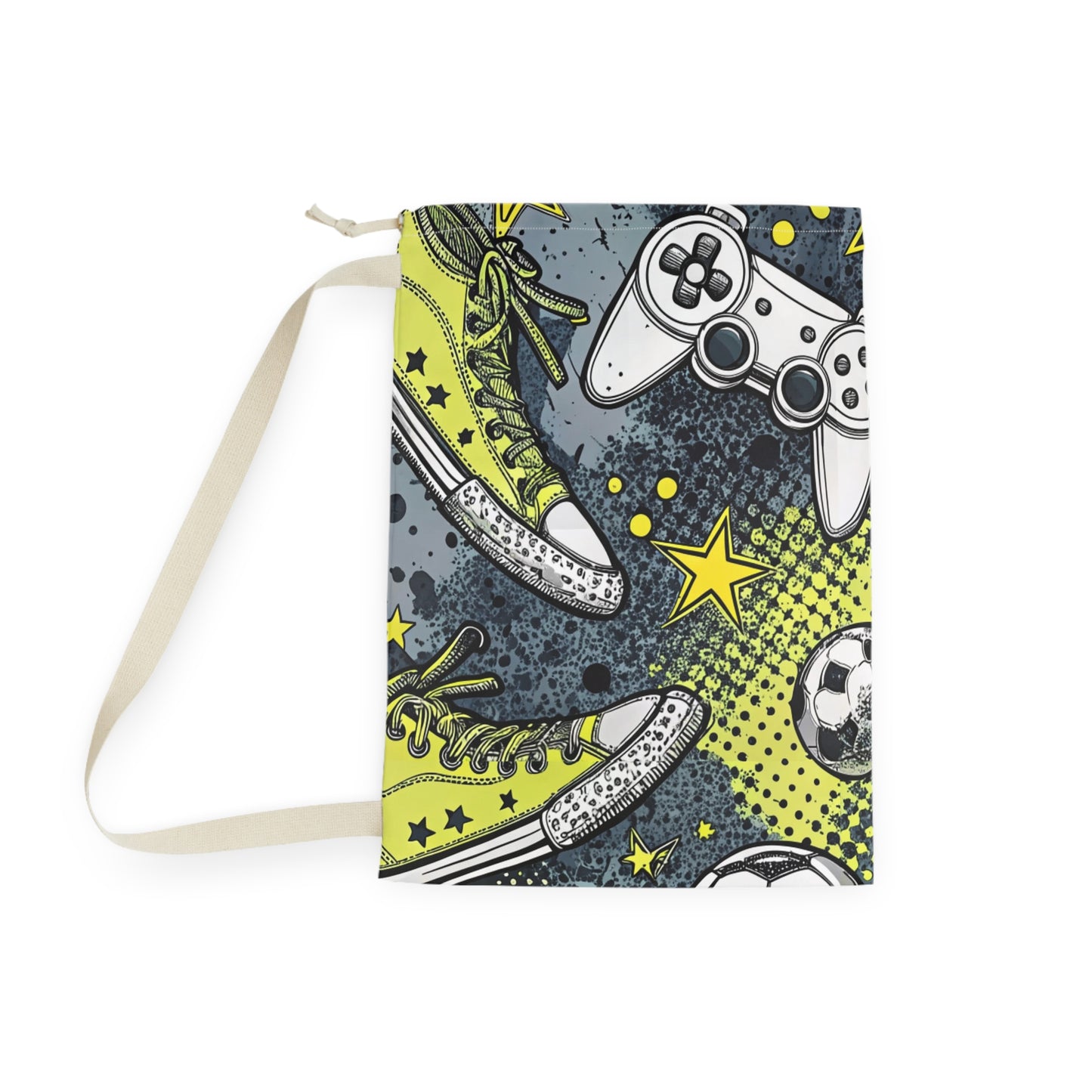 Sports & Gaming Laundry Bag — Soccer Ball, Sneakers & Controller Print