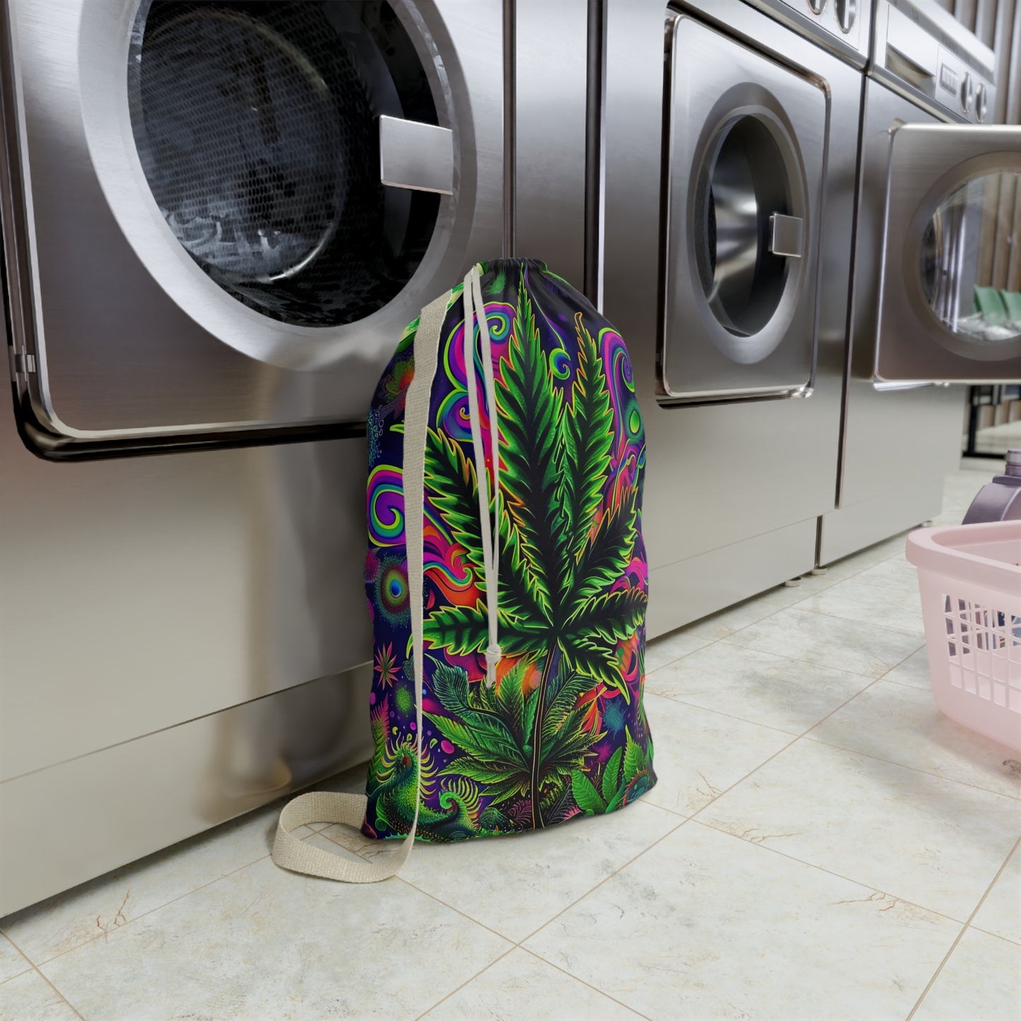 Kaleidoscopic Botanical Leaf Laundry Bag – Neon Trippy Drawstring Hamper