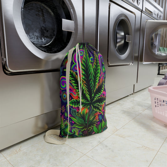 Kaleidoscopic Botanical Leaf Laundry Bag – Neon Trippy Drawstring Hamper