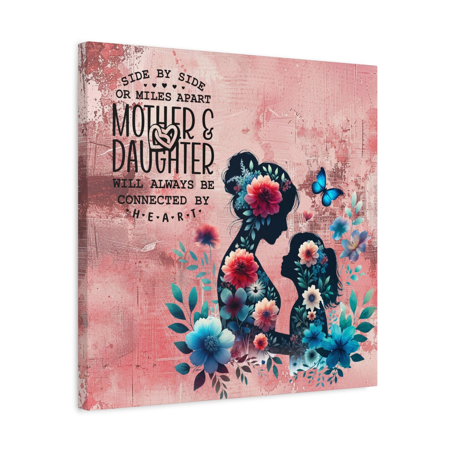 Mother-Daughter Love With Floral And Butterfly Canvas Wall Art Print