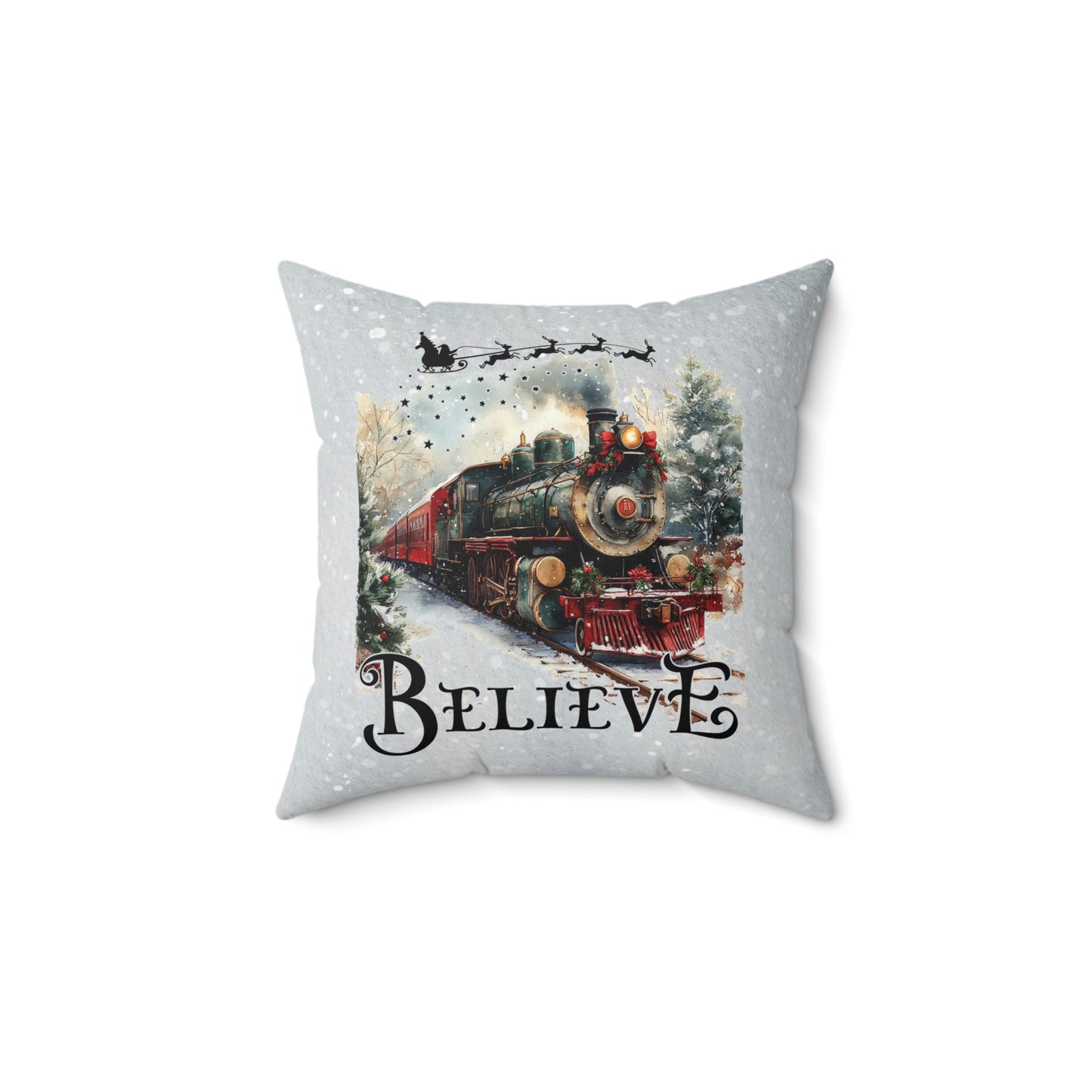 Christmas Train Decor Pillow - 'Believe' Spun Polyester Square Cushion Holiday Decor