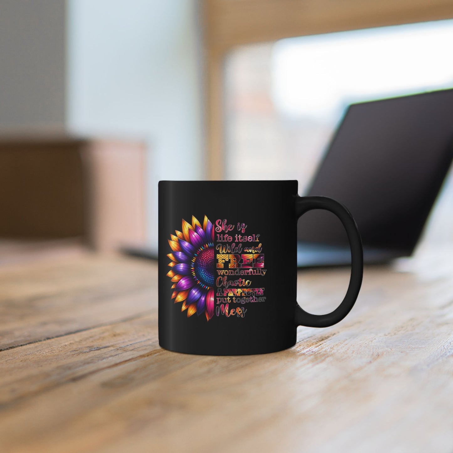 Inspirational Black Mug with Colorful Flower Design - Perfect Gift for Women