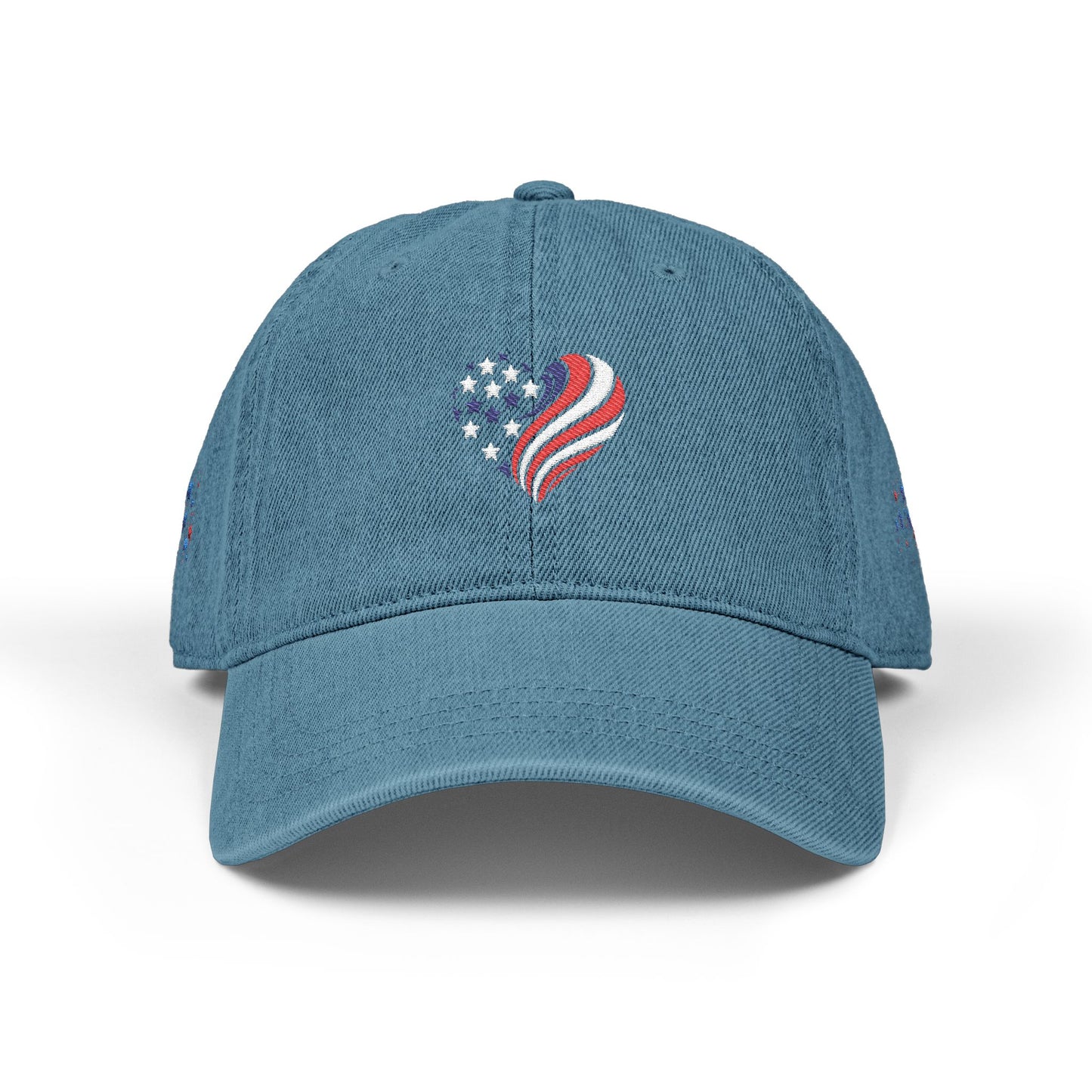 Patriotic Embroidered Denim Hat - USA Heart & Butterfly Design
