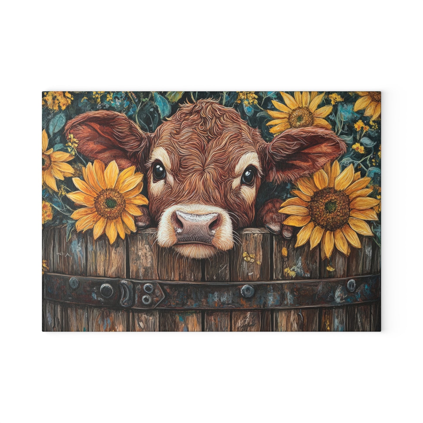 Cow and Sunflower Glass Cutting Board - Rustic Kitchen Decor