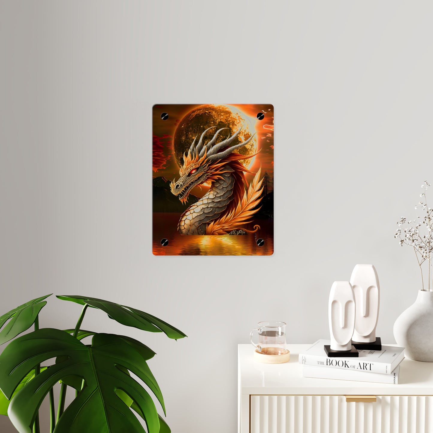 Gothic Theme Acrylic Wall Art Panels, Beautiful Dragon with Moon Background Decor, Accent for Any Room, Dragon Lovers, for Anyone
