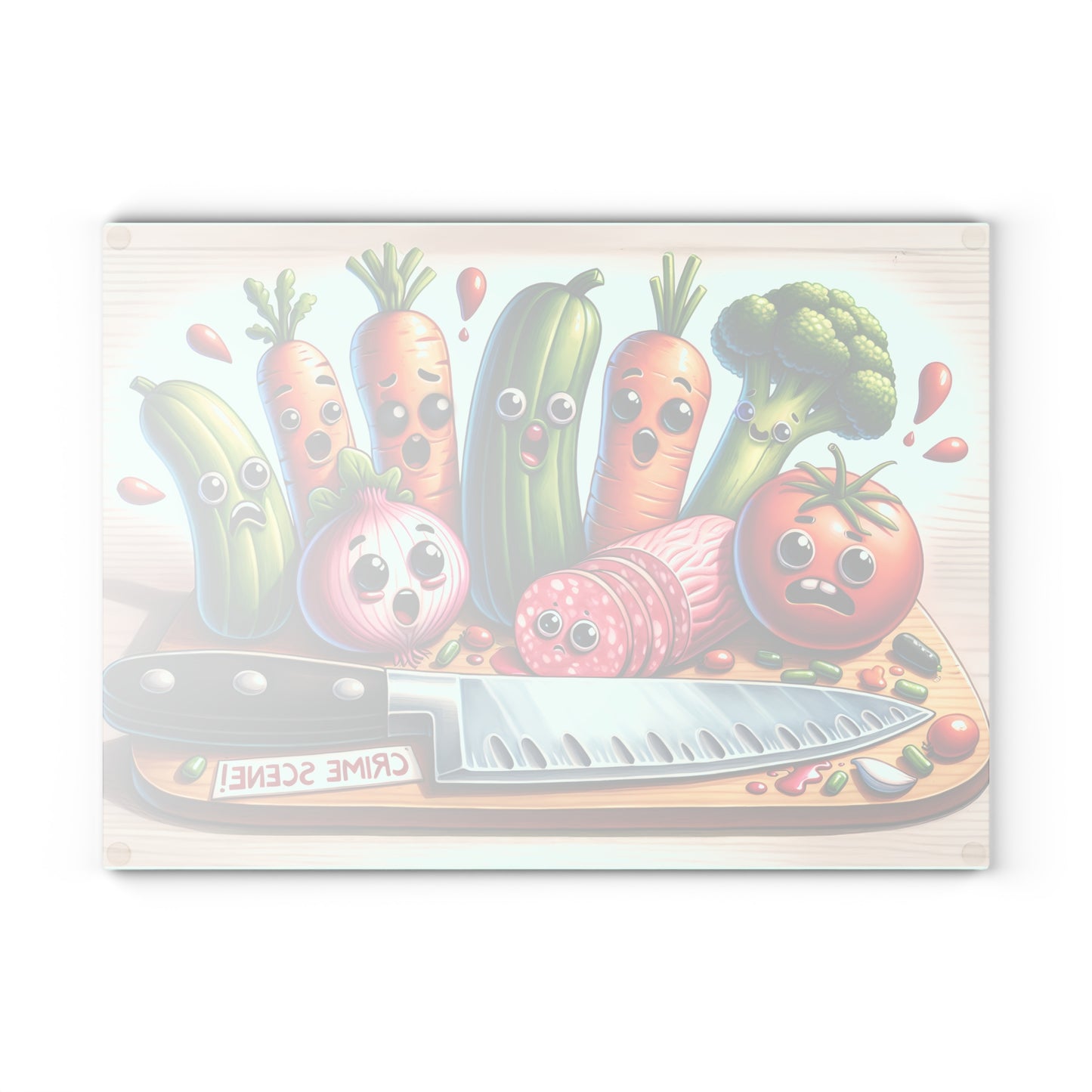 Whimsical Glass Cutting Board - ‘Crime Scene’ Vegetable Design for Fun Cooking