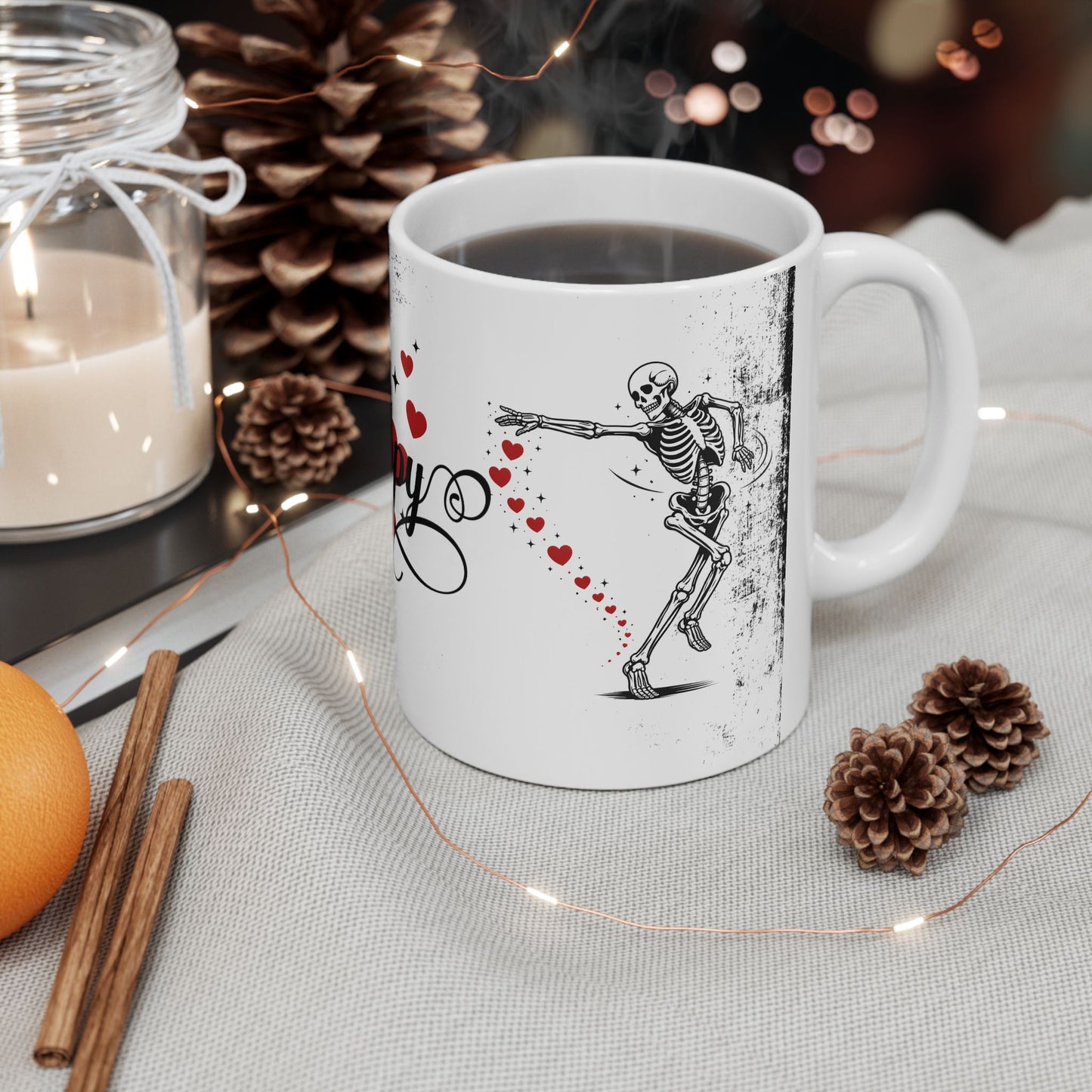 Mug — “So Happy Together” Romantic Skeleton Ceramic Coffee Mug with Hearts (11oz & 15oz)