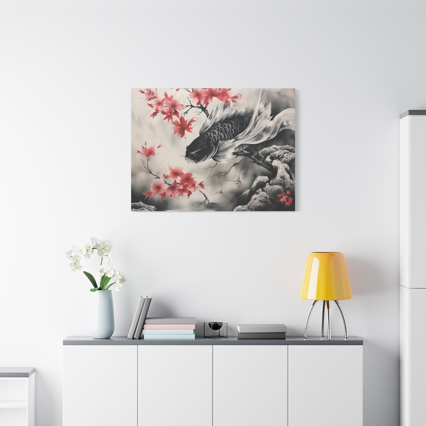 Koi Fish Artwork Canvas Wall Art Print - Elegant Decorative Wall Art with Cherry Blossoms