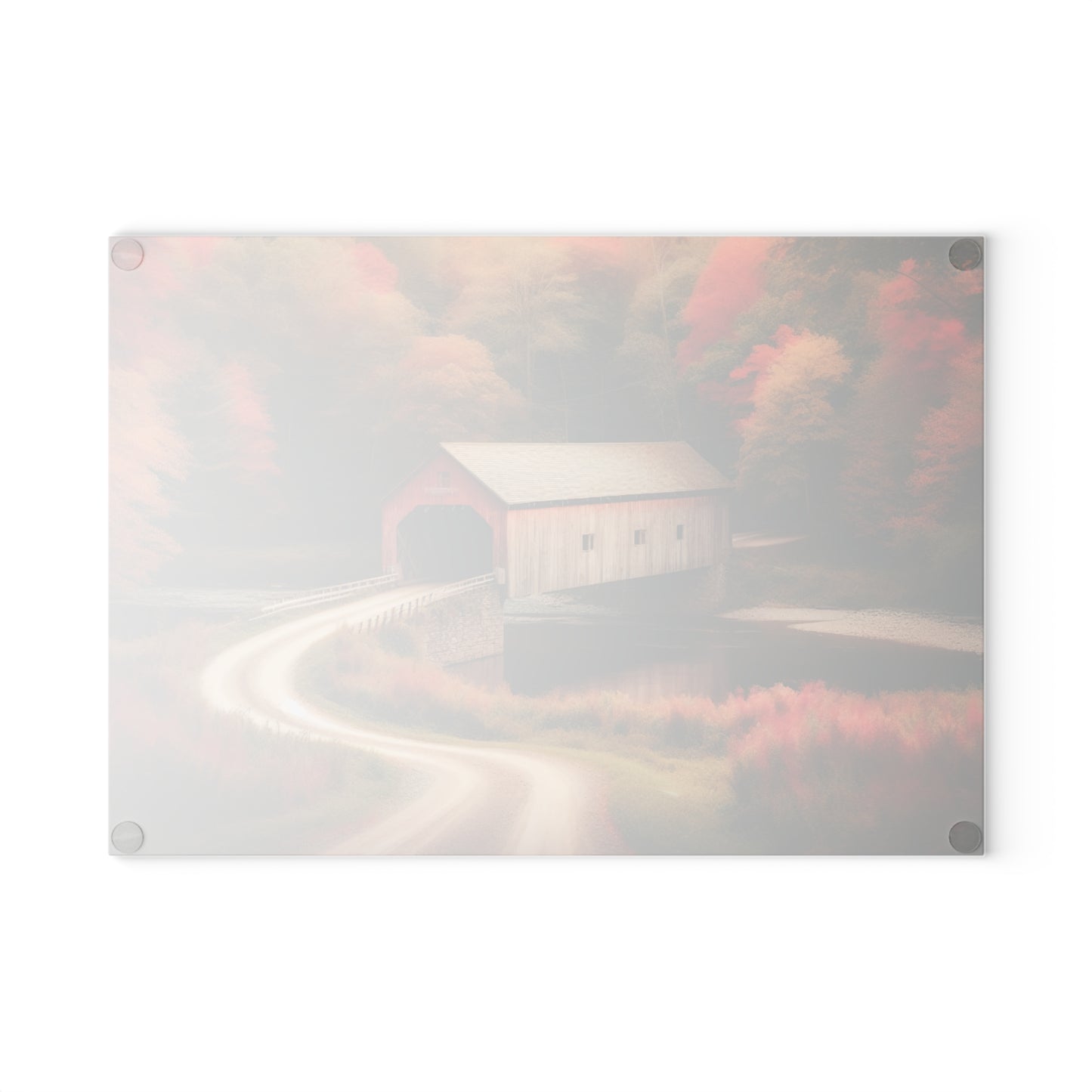 Autumn Inspired Glass Cutting Board with Rustic Covered Bridge Design