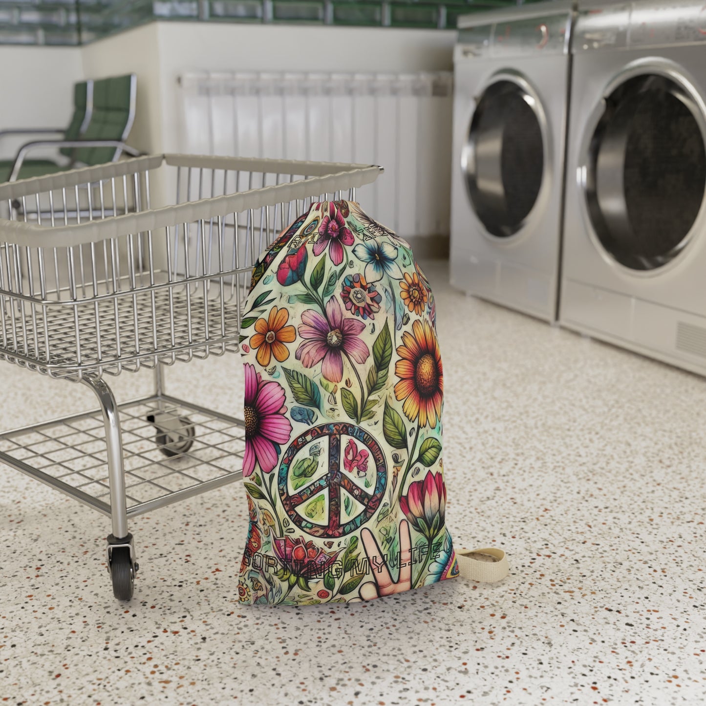 Floral Peace Laundry Bag — Boho Hippie Drawstring Hamper - "Sorting My Life Out" saying