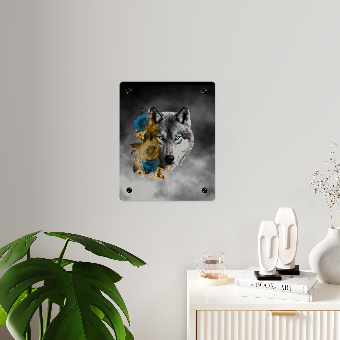 Lively Wolf Acrylic Wall Art Panel - Blue Roses Decor